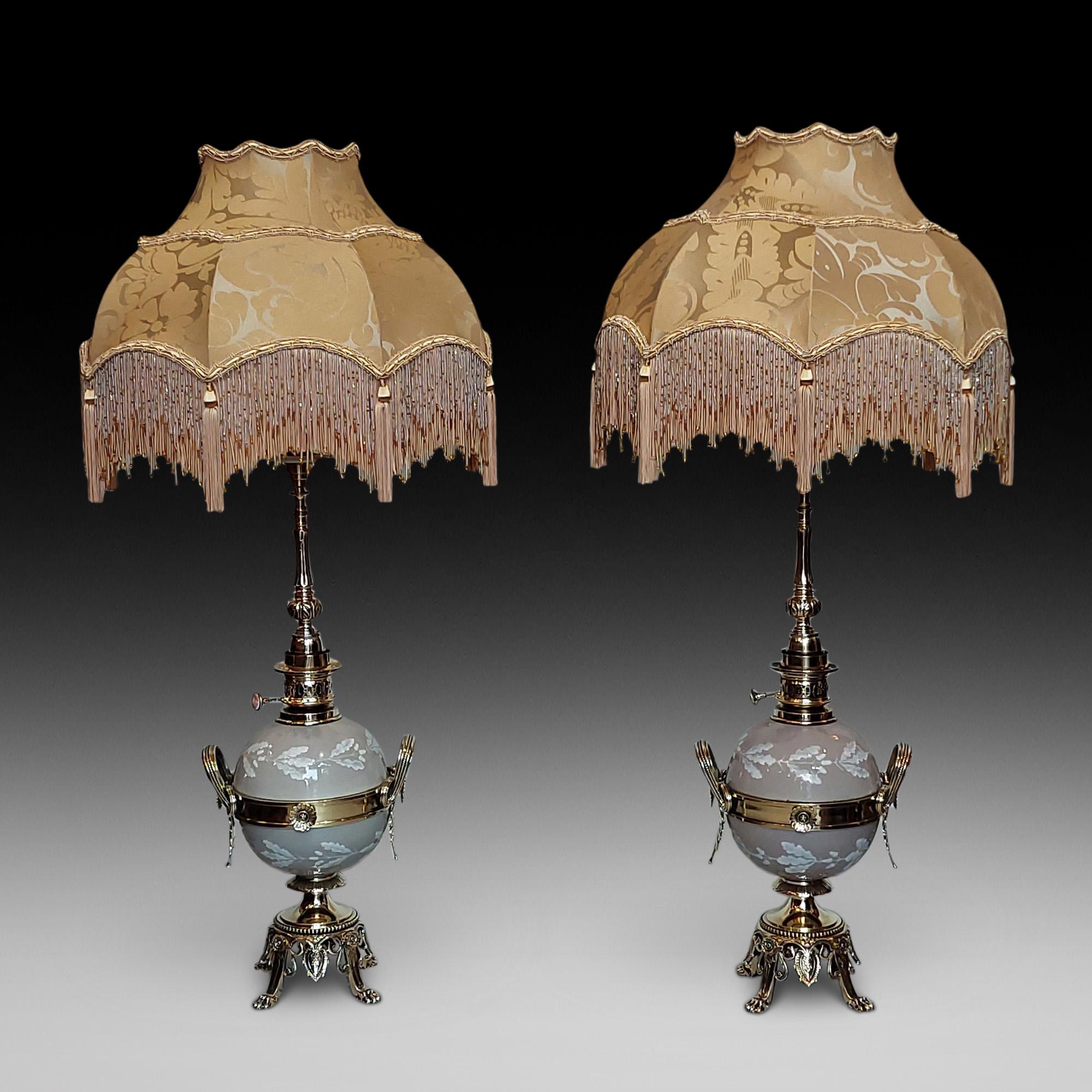 Pair of Late 19thC  Gilt  Brass & Porcelain Oil Lamps of aesthetic design with twin side handles enclosing Pate Sur Pate oak leaf and acorn ceramic globes  fitted with brass burners bearing London patent - 16