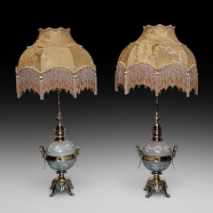 Pair of Late 19thC  Gilt  Brass & Porcelain Oil Lamps