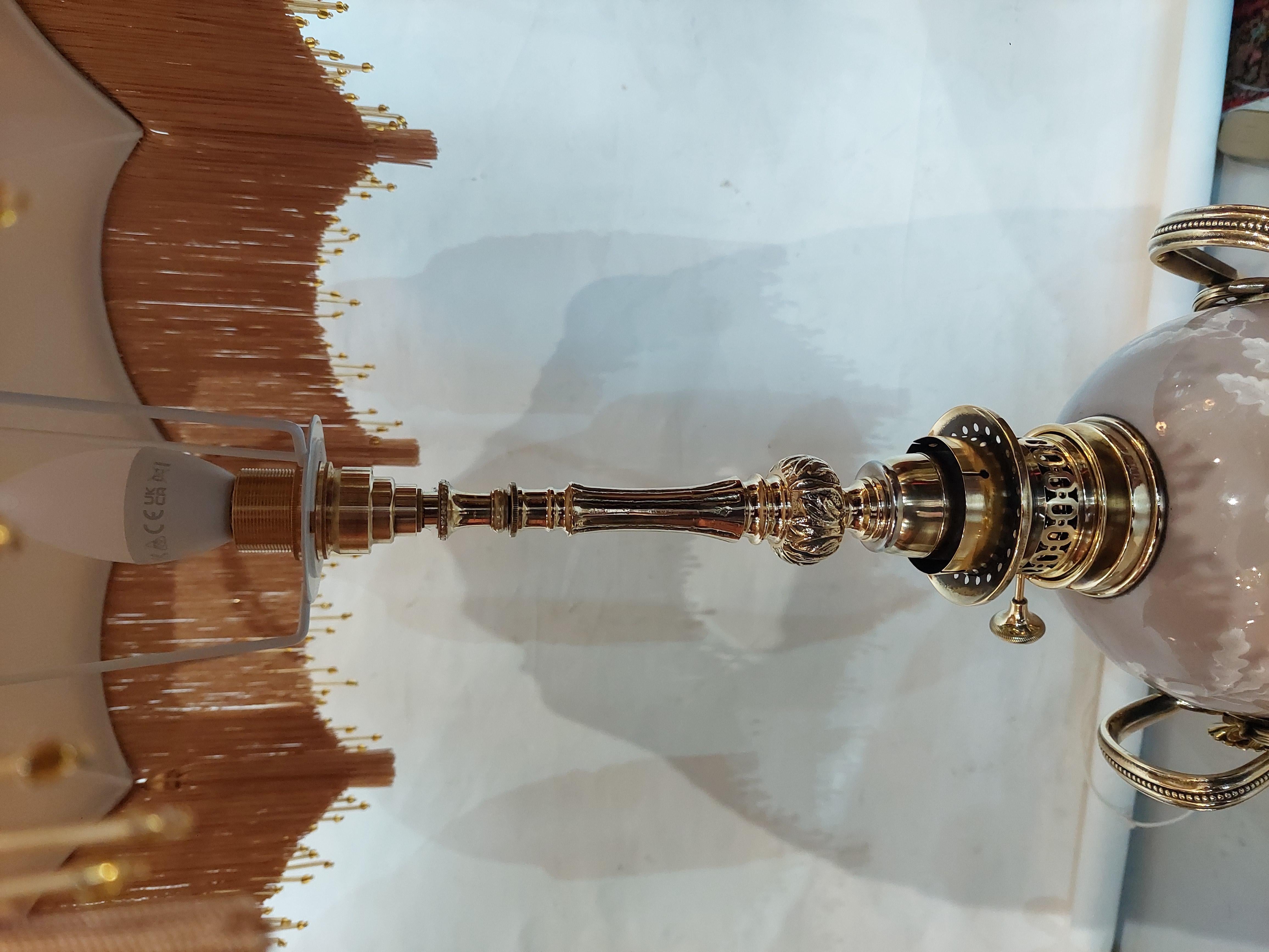 Aesthetic Movement Pair of Late 19thC  Gilt  Brass & Porcelain Oil Lamps For Sale