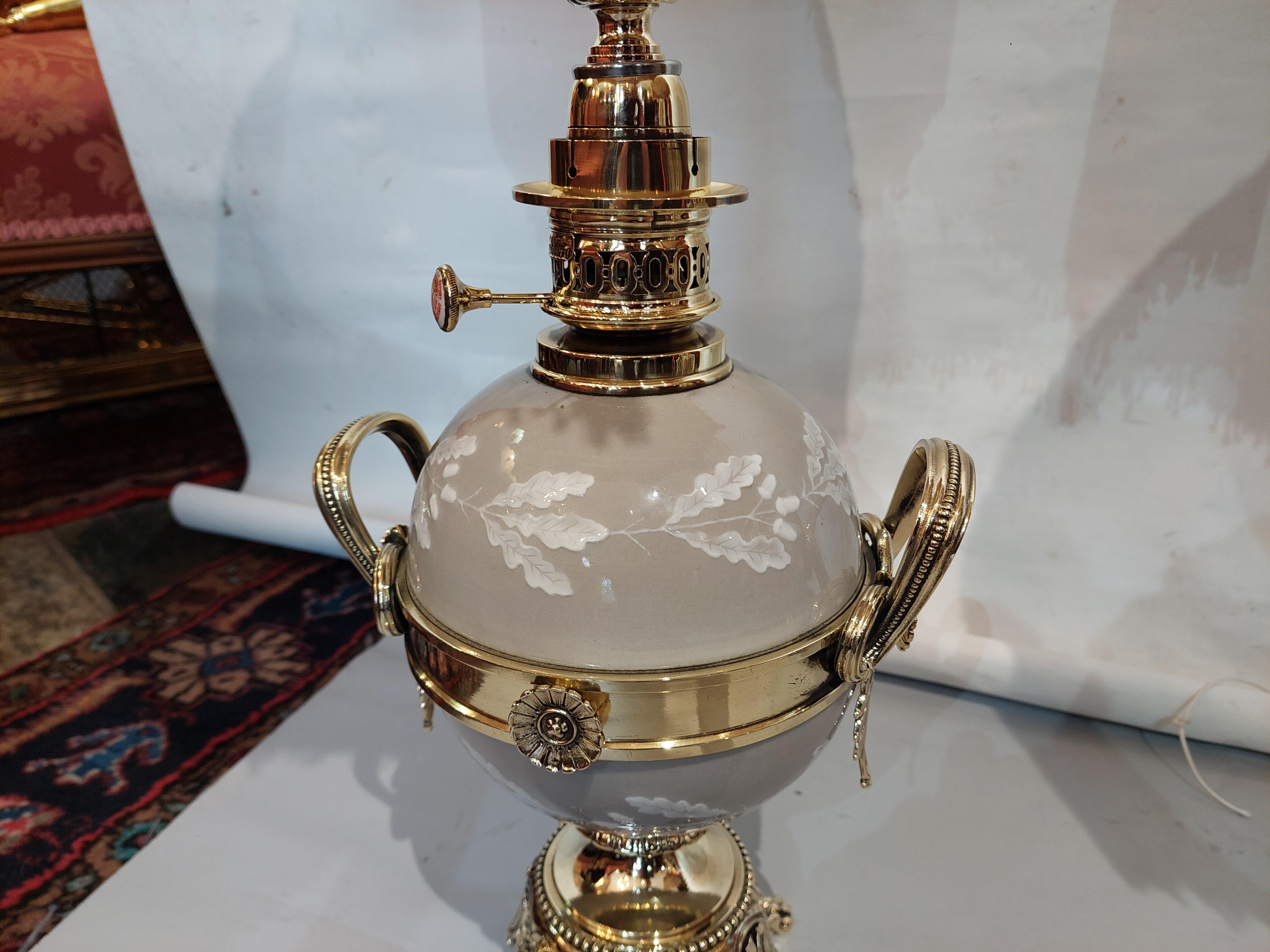 French Pair of Late 19thC  Gilt  Brass & Porcelain Oil Lamps For Sale