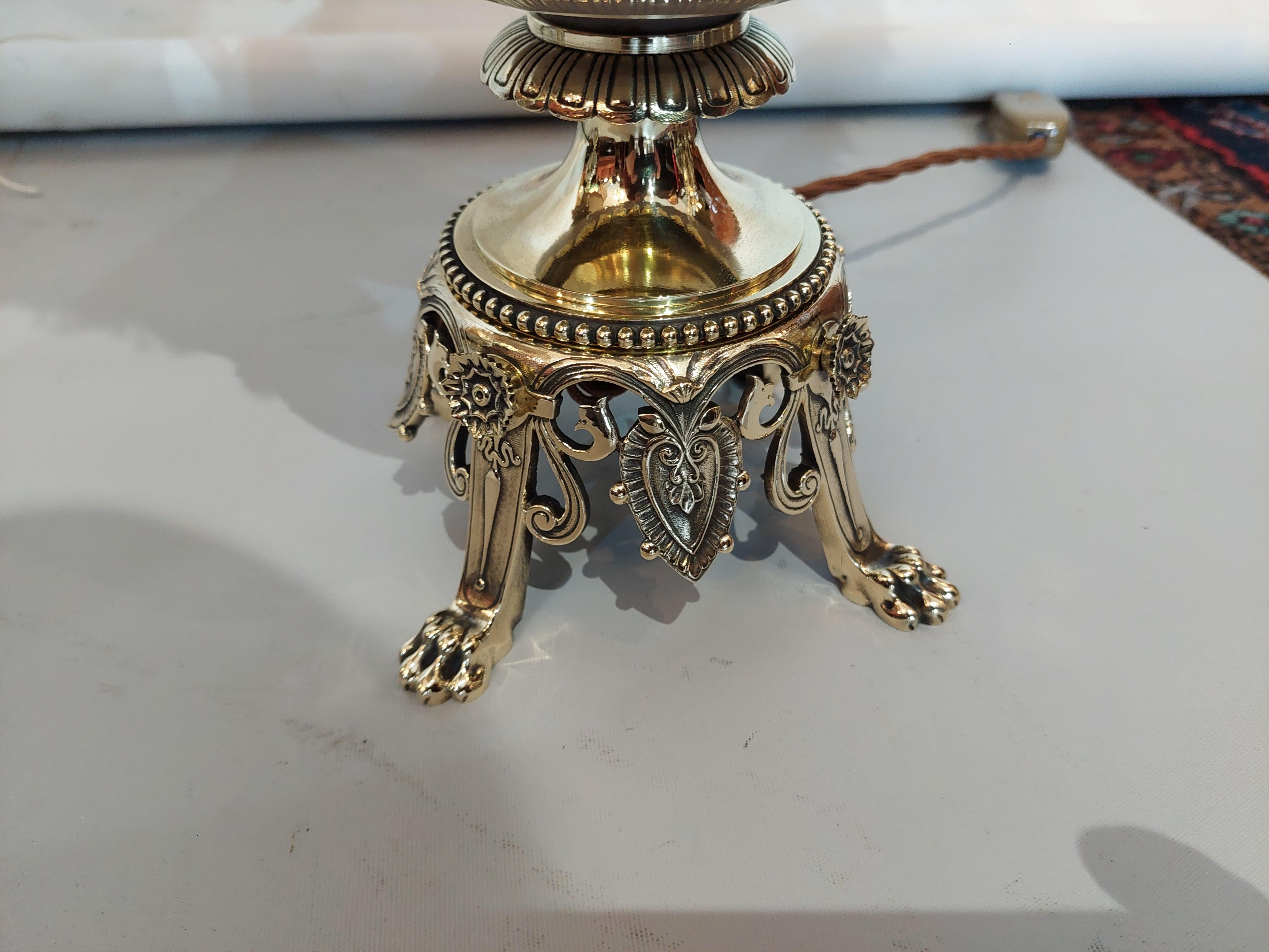 19th Century Pair of Late 19thC  Gilt  Brass & Porcelain Oil Lamps For Sale