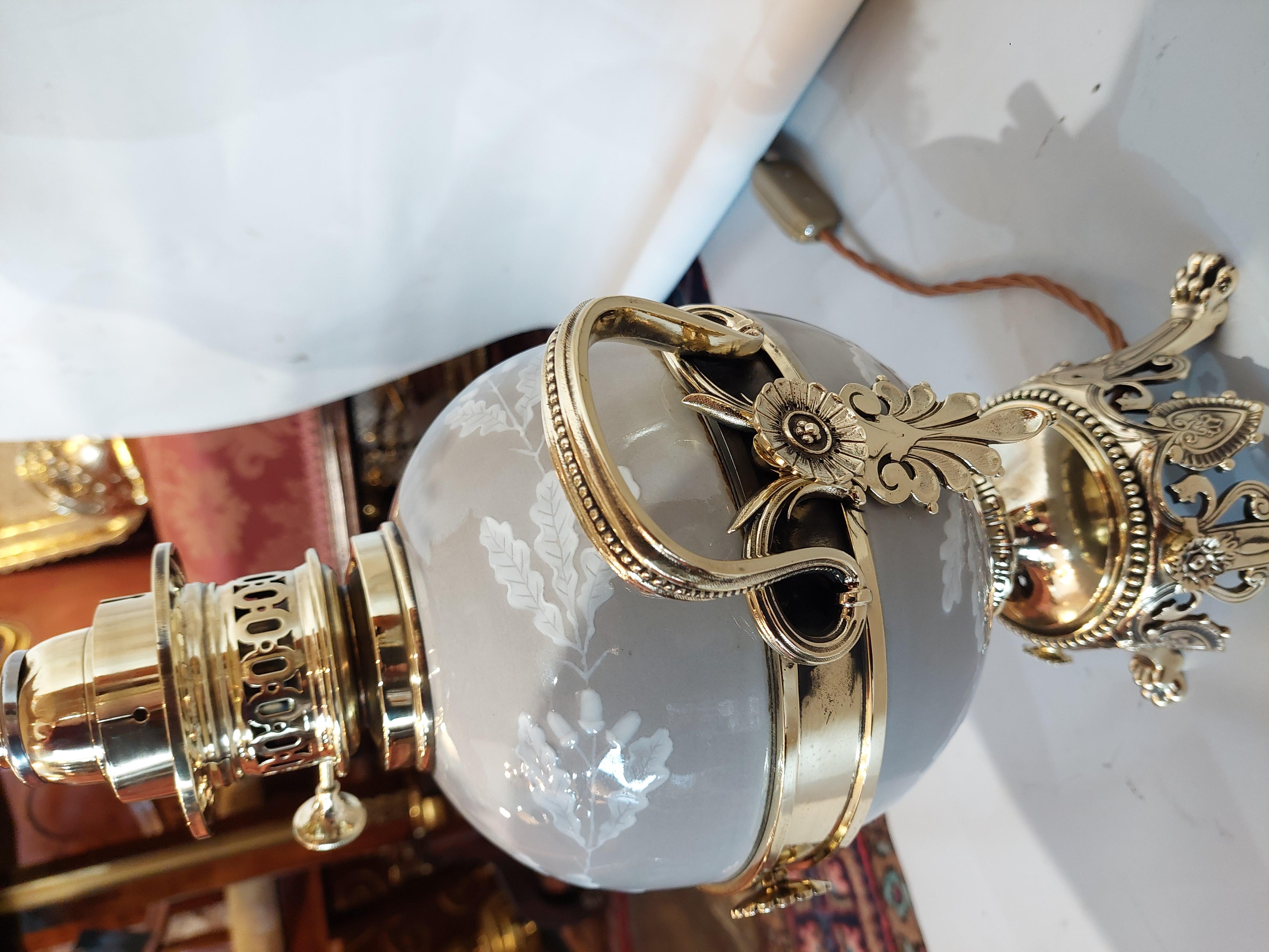 Pair of Late 19thC  Gilt  Brass & Porcelain Oil Lamps For Sale 1