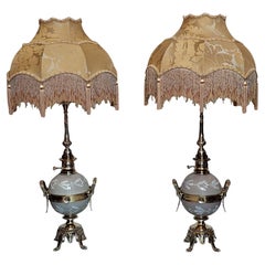 Pair of Late 19thC  Gilt  Brass & Porcelain Oil Lamps