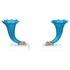 Antique Pair of Late 19thCcentury Gilt Metal Blue Glass Cornucopia