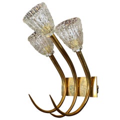 Pair of Late 20th Century Brass Sconces and Transparent Murano Glass by Barovier