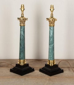 Pair of Late 20th Century Classical Column Lamps in Brass and Verde Antico Marbl