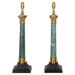 Pair of Late 20th Century Classical Column Lamps in Brass and Verde Antico Marbl
