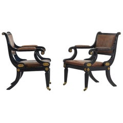 Pair of late 20th Century Ebonized Regency Style Armchairs