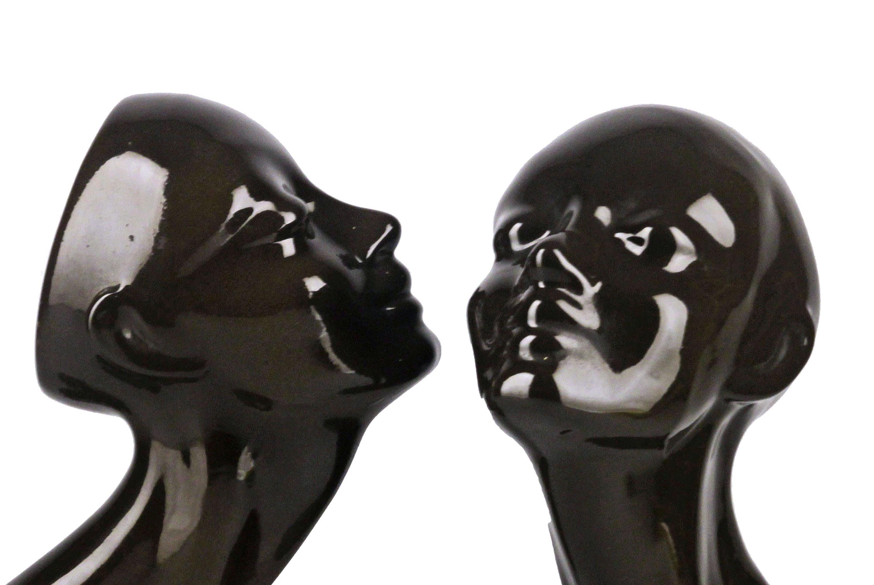 Post-Modern Pair of Late 20th Century French Enameled Glazed Black Ceramic Women Busts/Heads For Sale