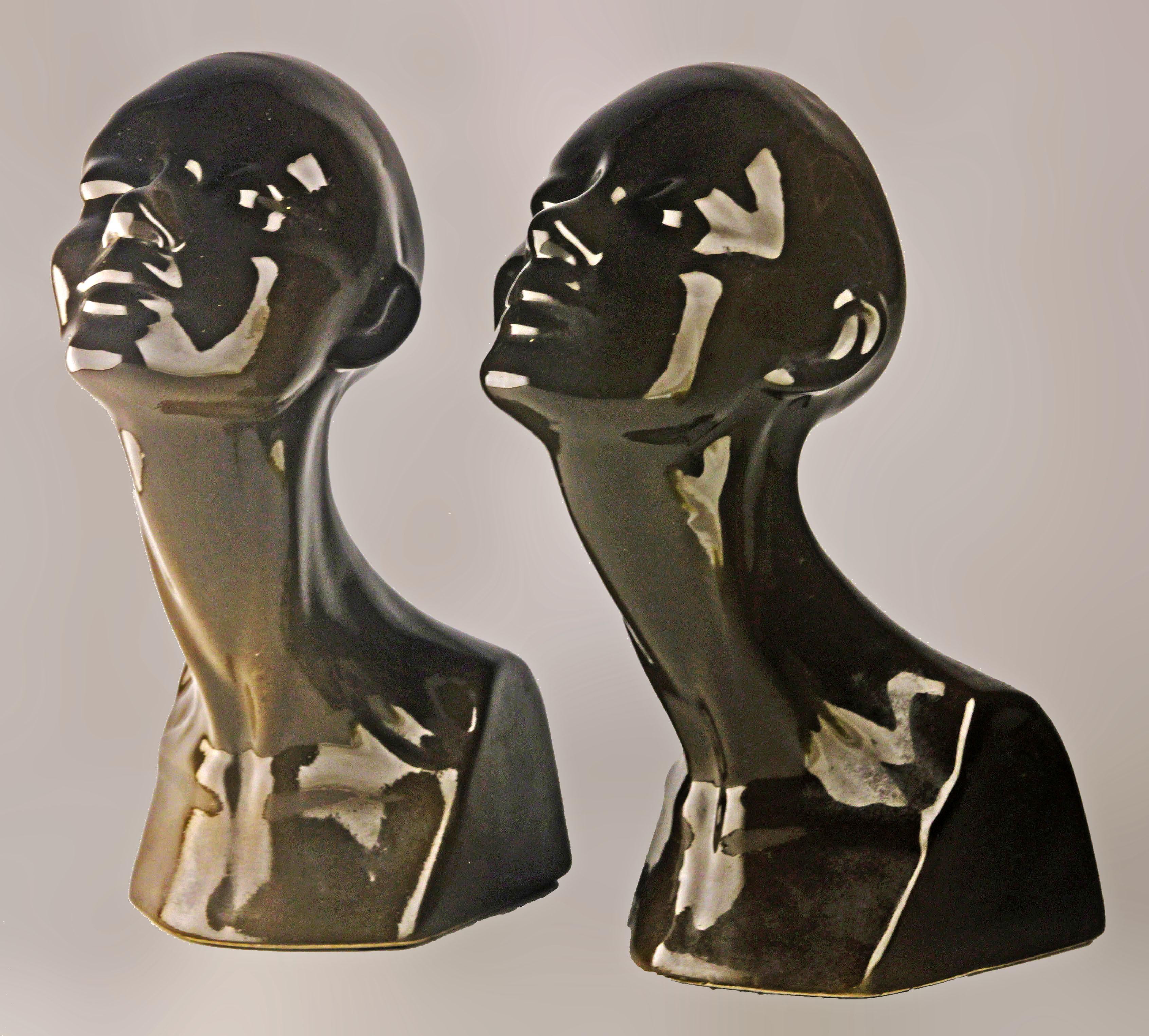 Post-Modern Pair of Late 20th Century French Enameled Glazed Black Ceramic Women Busts/Heads For Sale