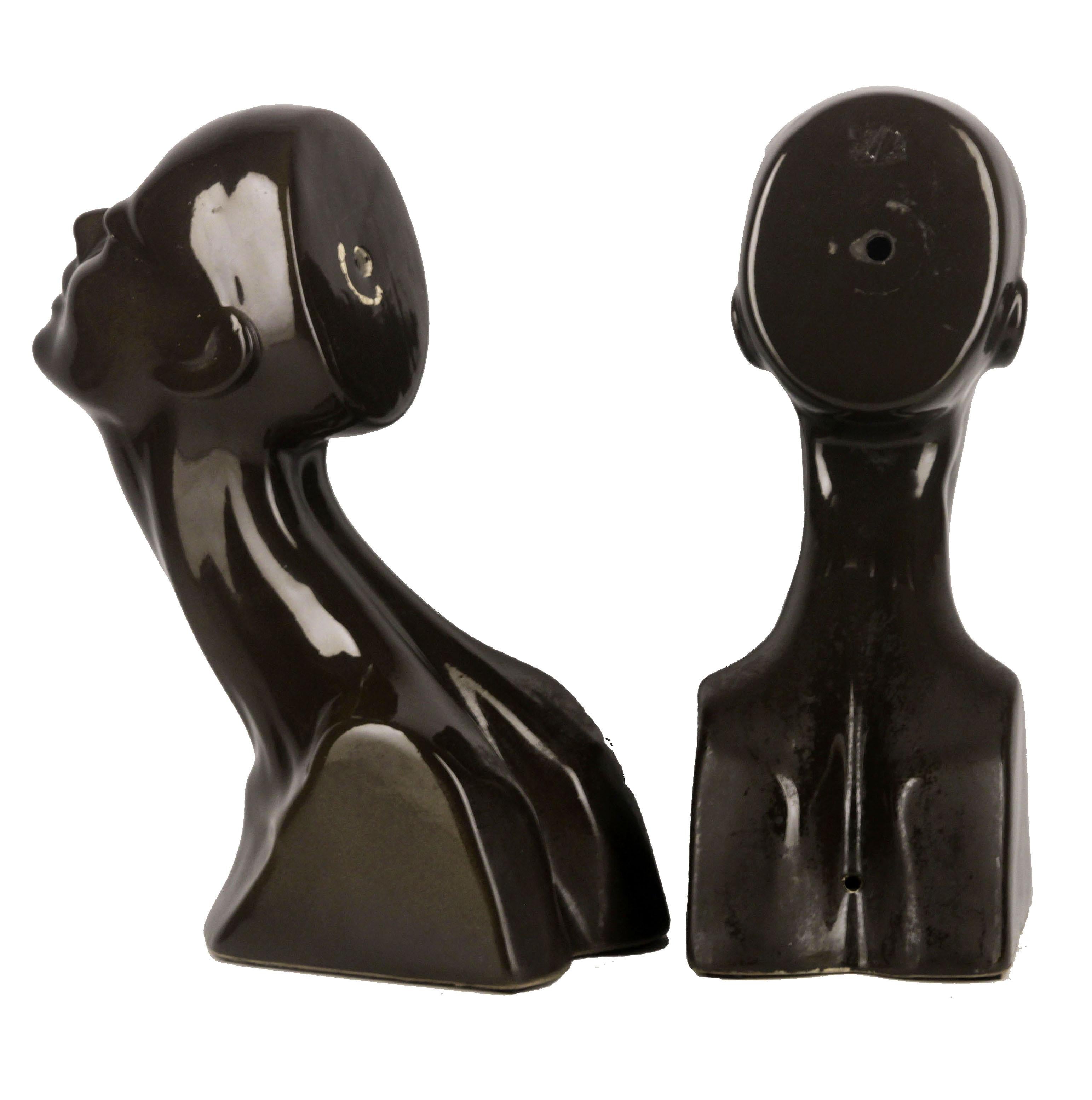 Pair of Late 20th Century French Enameled Glazed Black Ceramic Women Busts/Heads For Sale 2