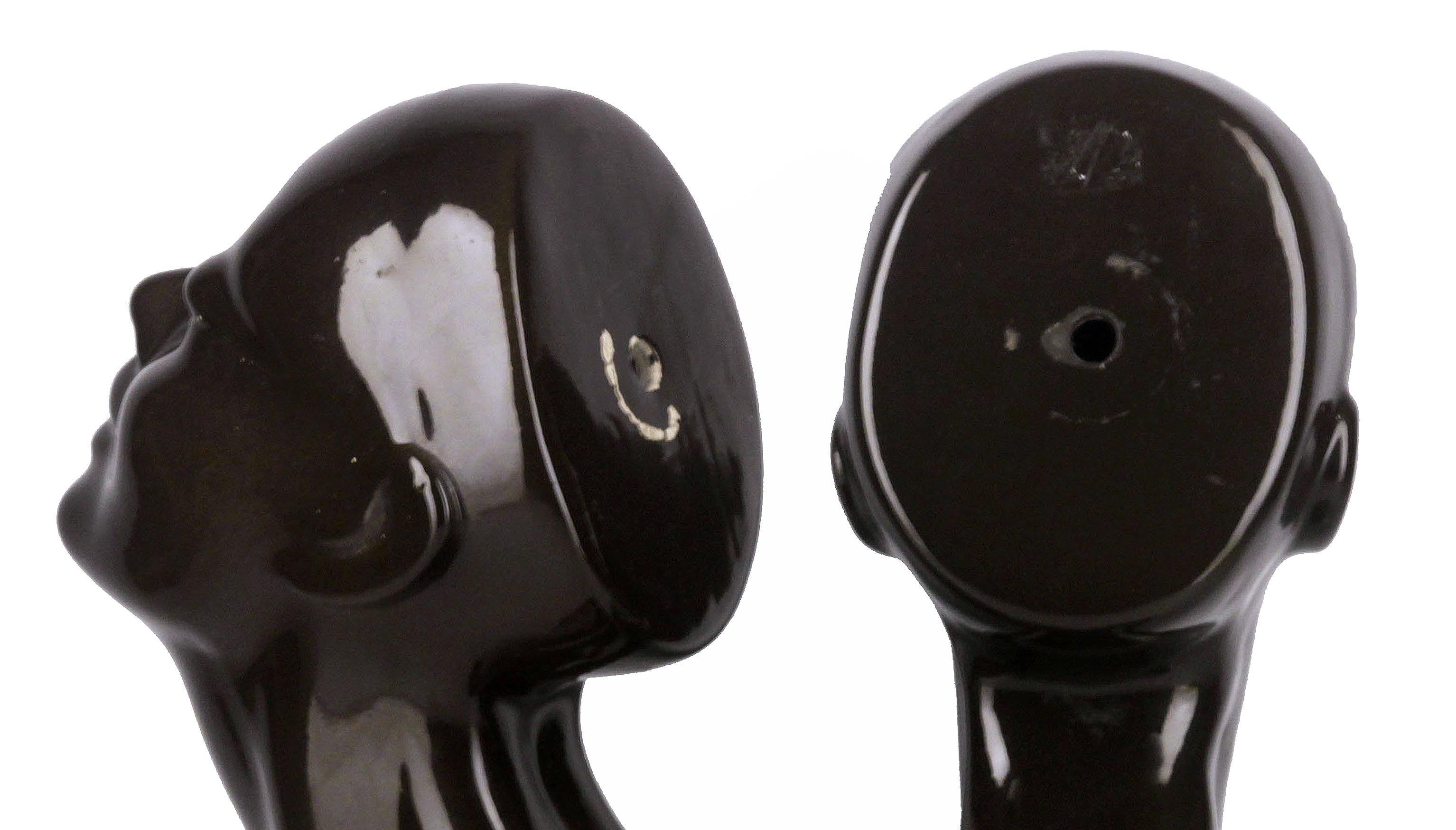 Pair of Late 20th Century French Enameled Glazed Black Ceramic Women Busts/Heads For Sale 3