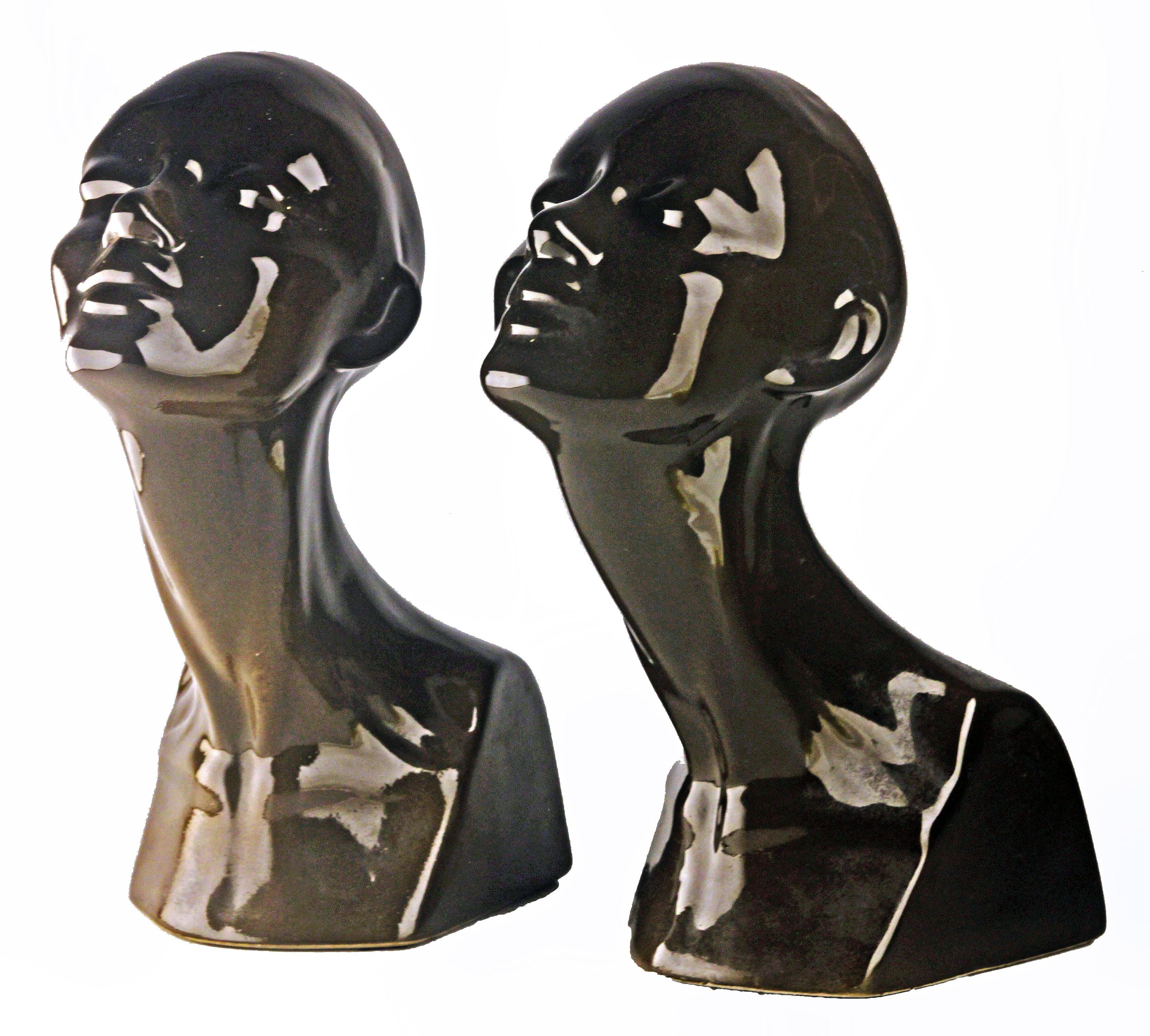 Pair of Late 20th Century French Enameled Glazed Black Ceramic Women Busts/Heads For Sale 5