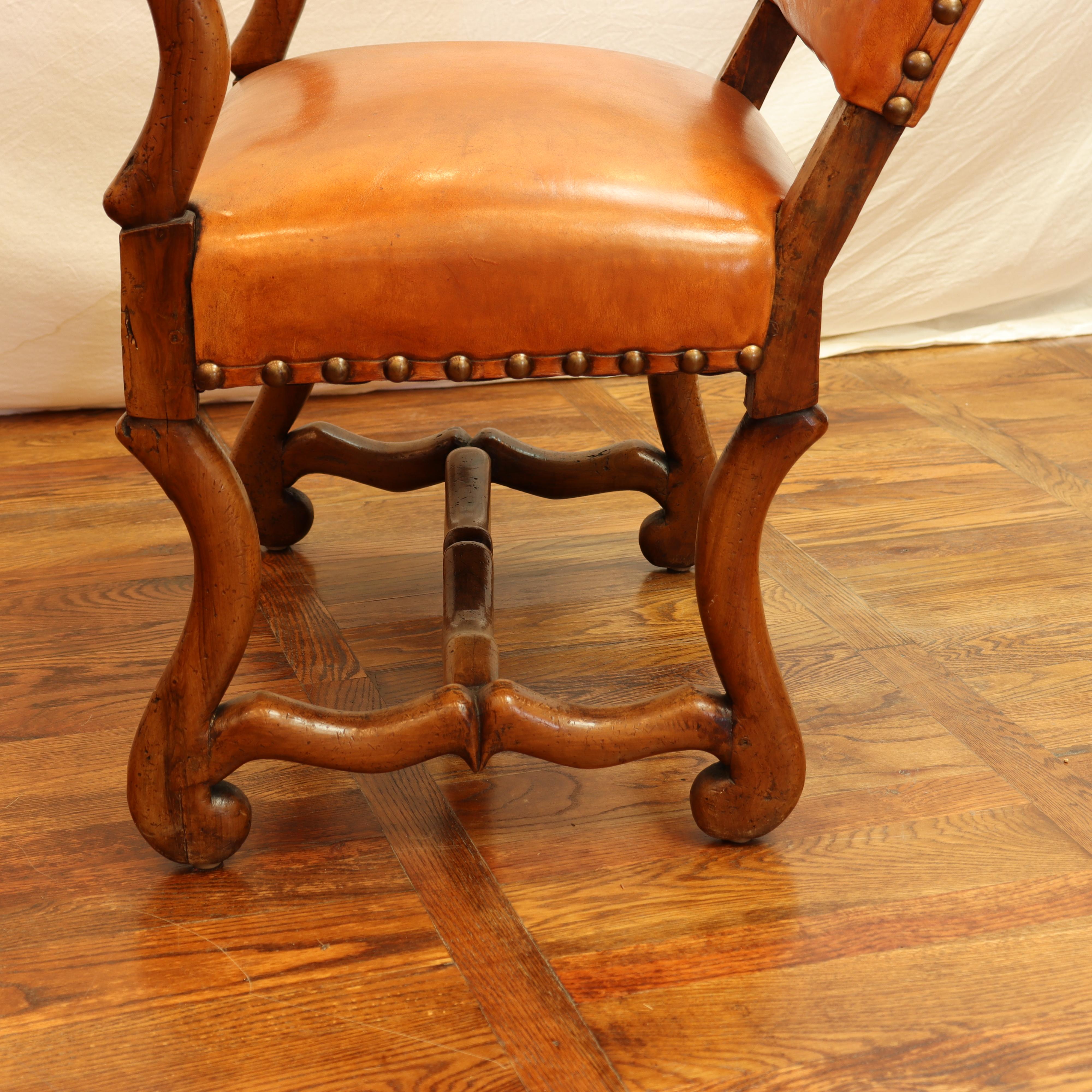 Pair of Late 20th Century Louis XIV Style Walnut Leather Upholstered Armchairs For Sale 3