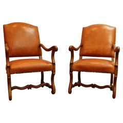 Vintage Pair of Late 20th Century Louis XIV Style Walnut Leather Upholstered Armchairs