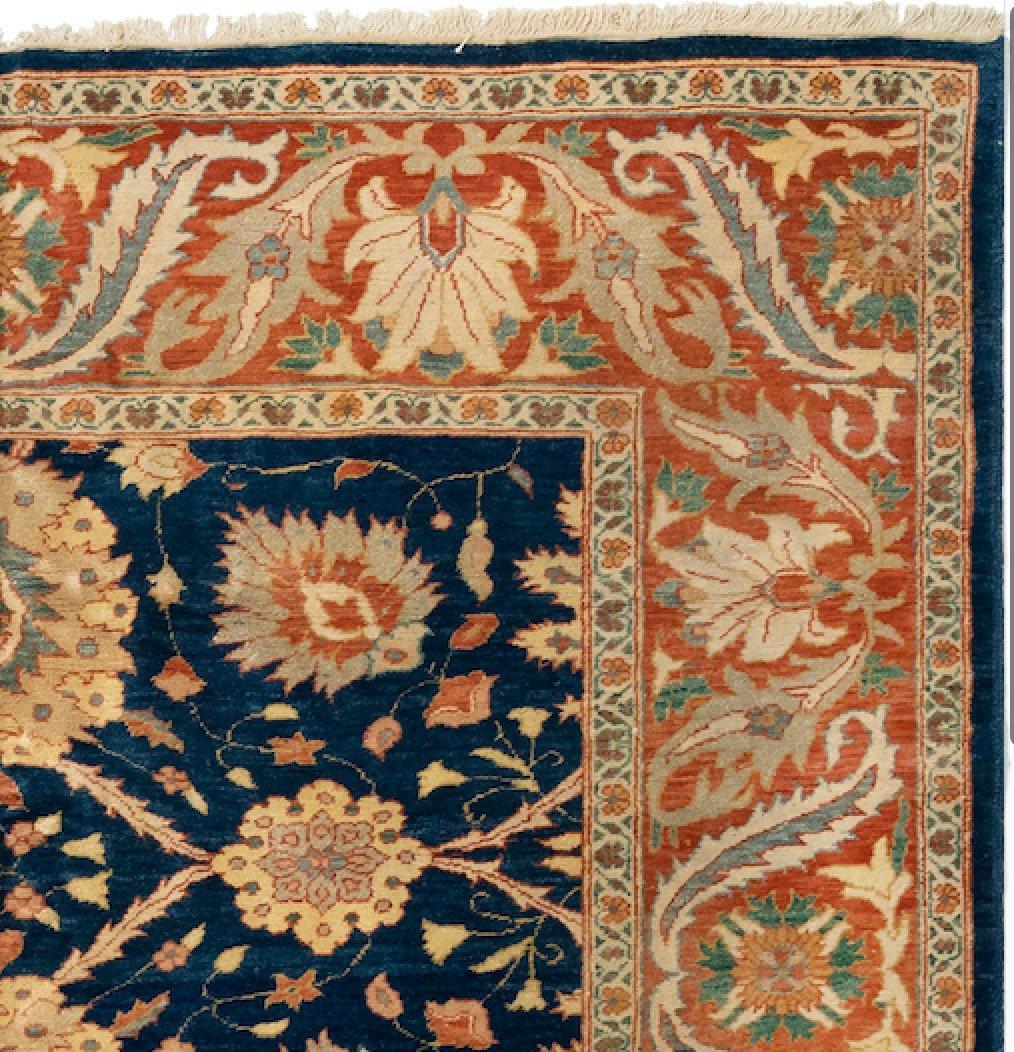 British Colonial Late 20th Century Navy Blue Gold Ivory Floral Persian Sultananbad Design Rug