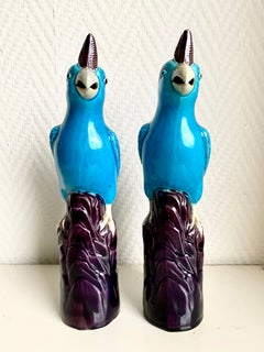 Pair of Late 20th Century Porcelain Turqoise Cockatoos