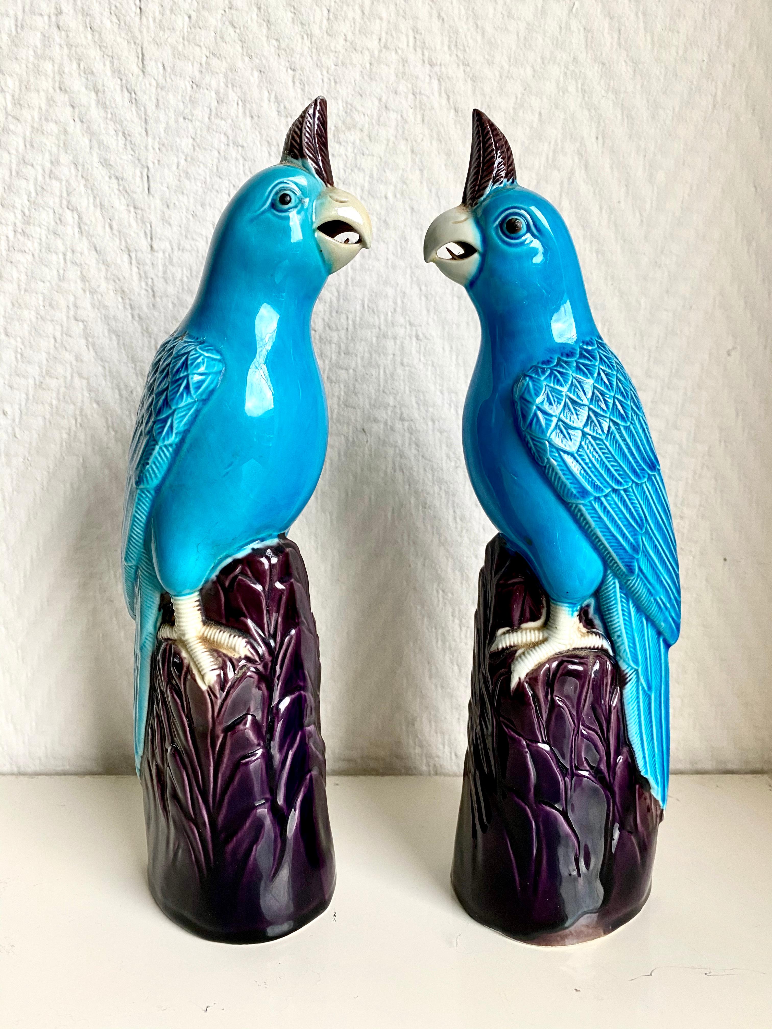 Glazed Pair of Late 20th Century Porcelain Turqoise Cockatoos For Sale