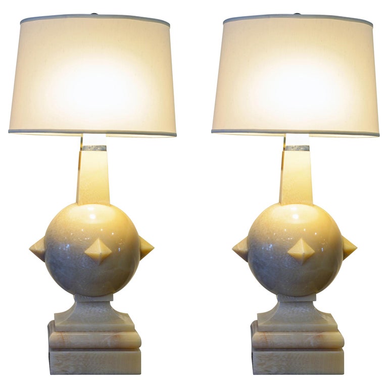Pair of Late 20th Century Postmodern Carved Marble and Chrome Table Lamps