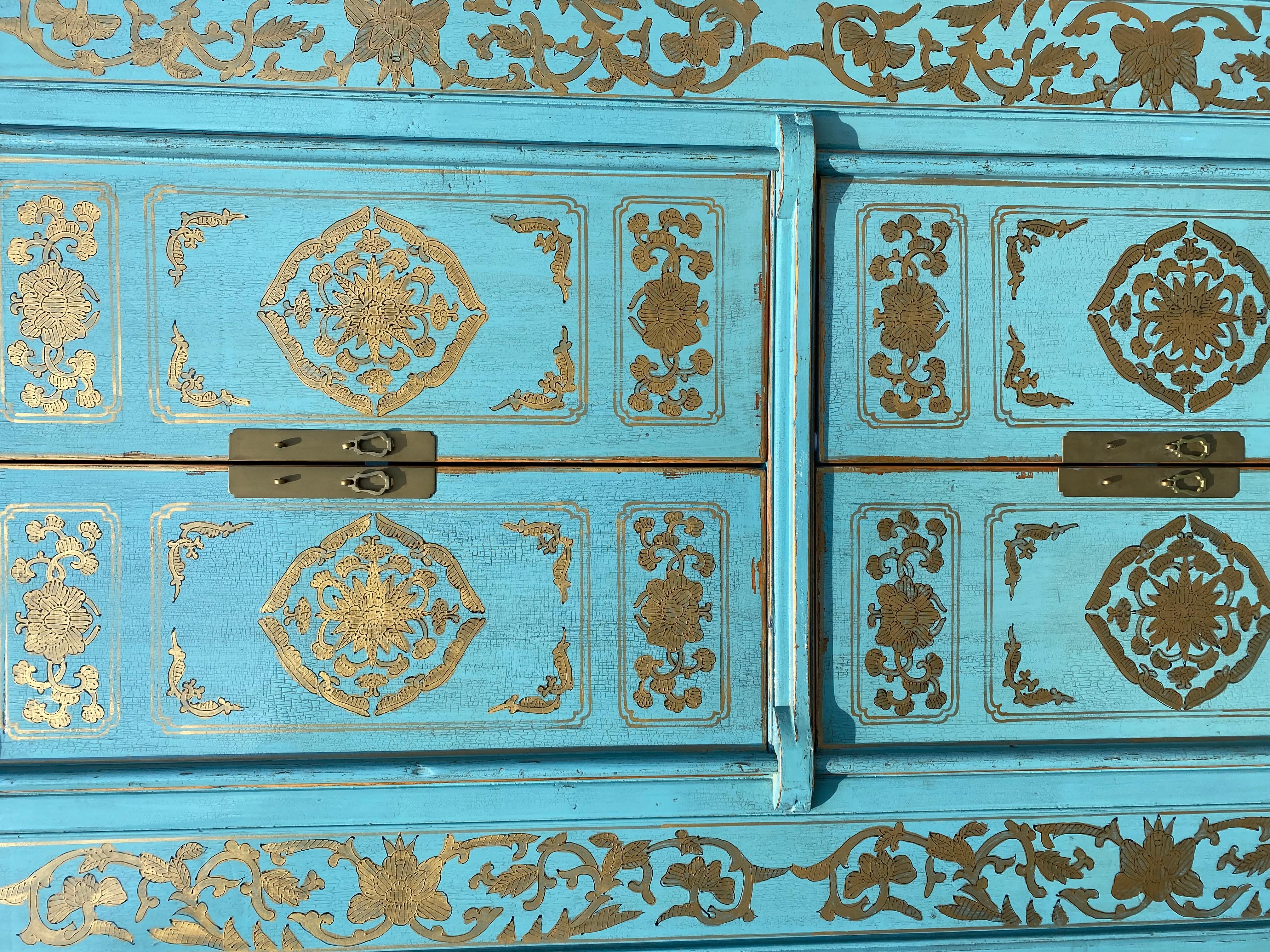 Anglo-Indian Pair of Late 20th Century Turquoise Painted Cupboards For Sale