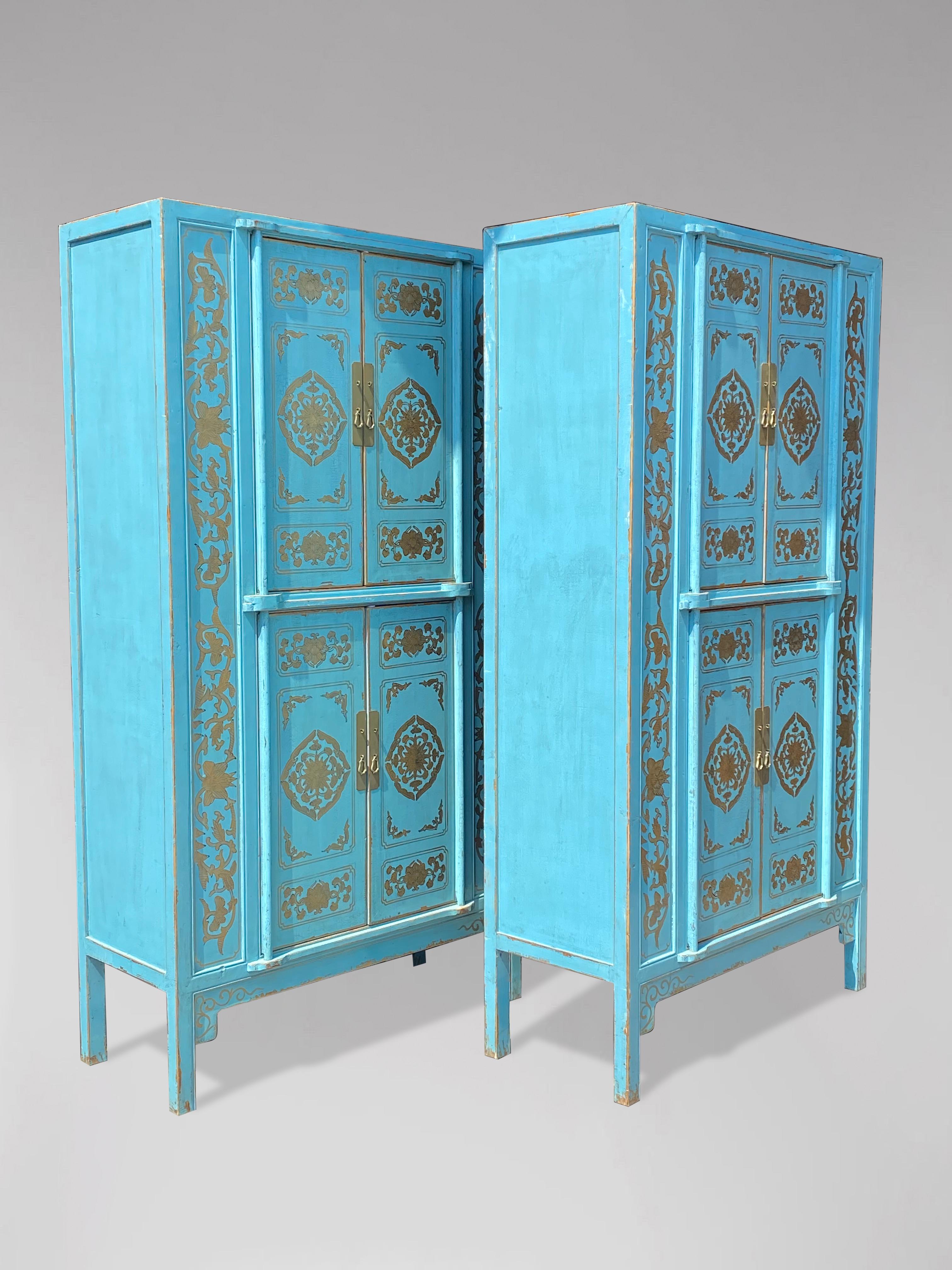 Indian Pair of Late 20th Century Turquoise Painted Cupboards For Sale