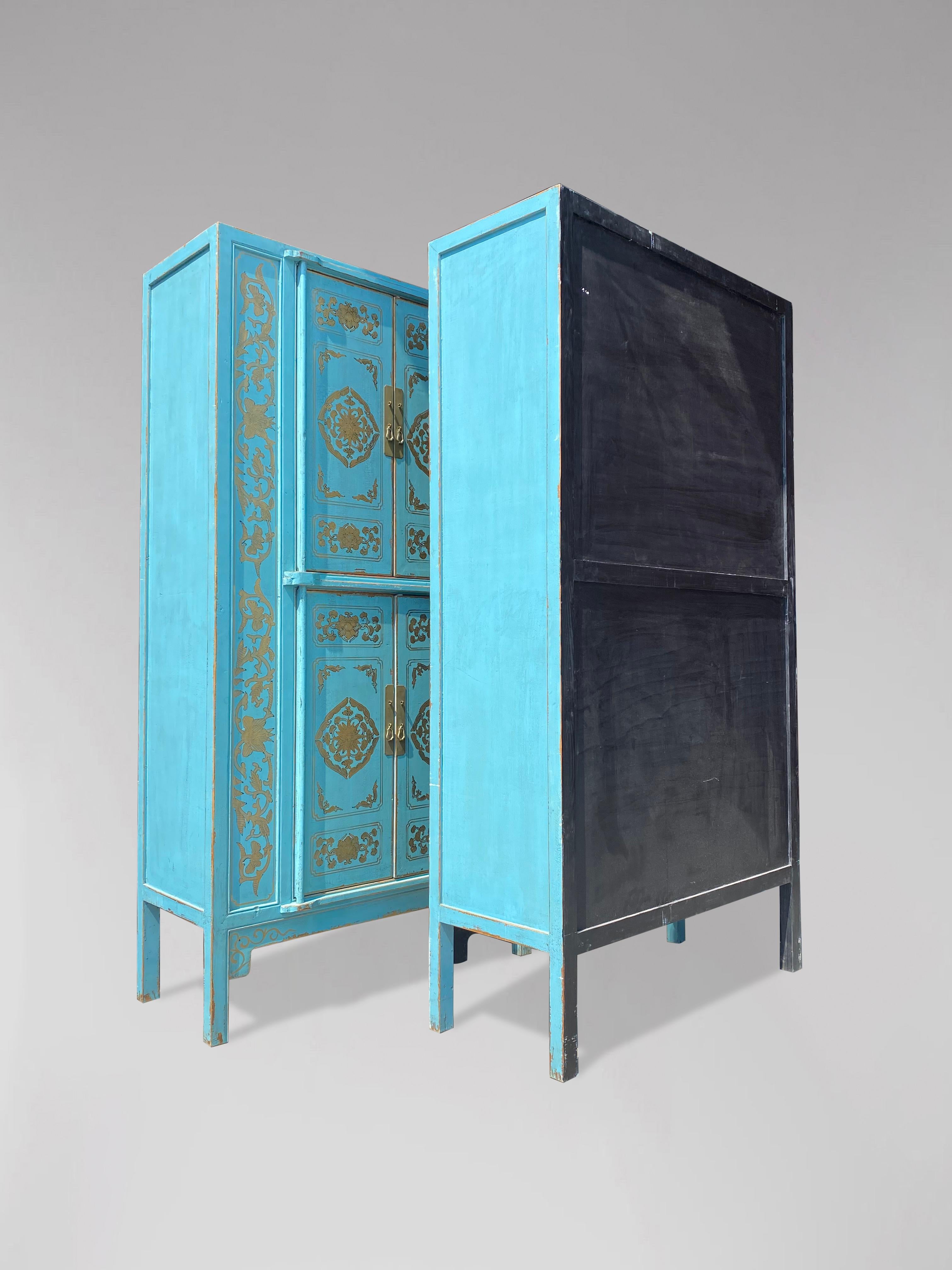Gilt Pair of Late 20th Century Turquoise Painted Cupboards For Sale