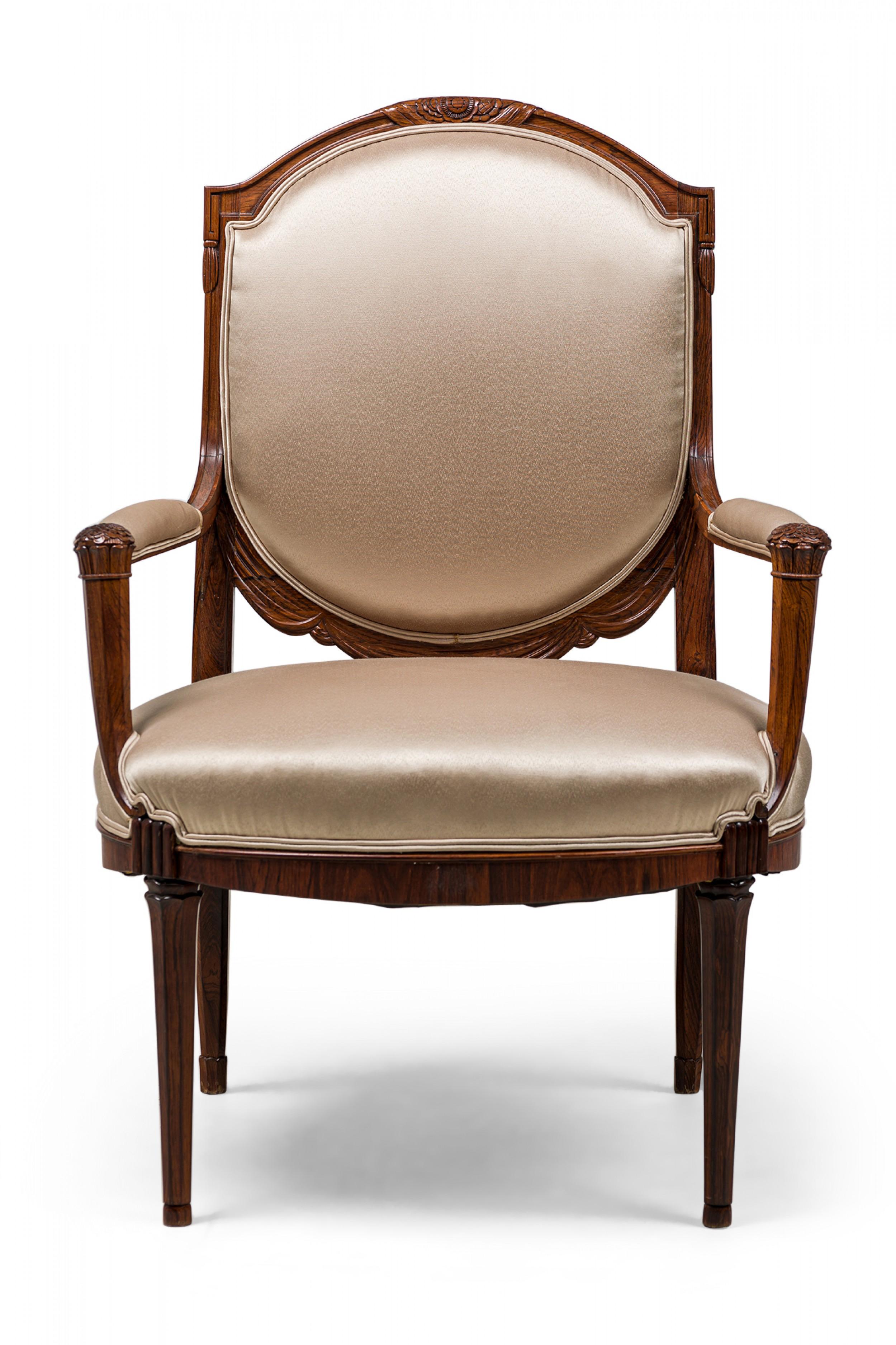 Pair of Late Art Deco French Mahogany Beige Sateen Upholstered Armchairs In Good Condition For Sale In New York, NY