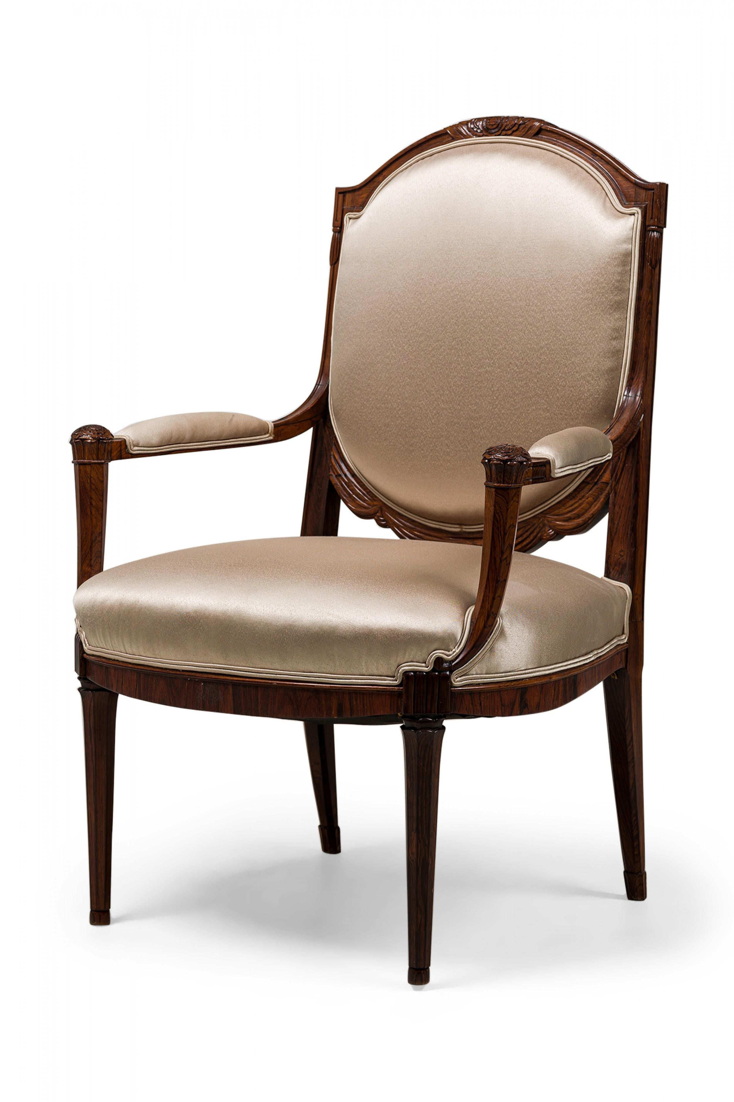 20th Century Pair of Late Art Deco French Mahogany Beige Sateen Upholstered Armchairs For Sale