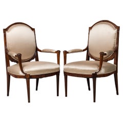 Pair of Late Art Deco French Mahogany Beige Sateen Upholstered Armchairs