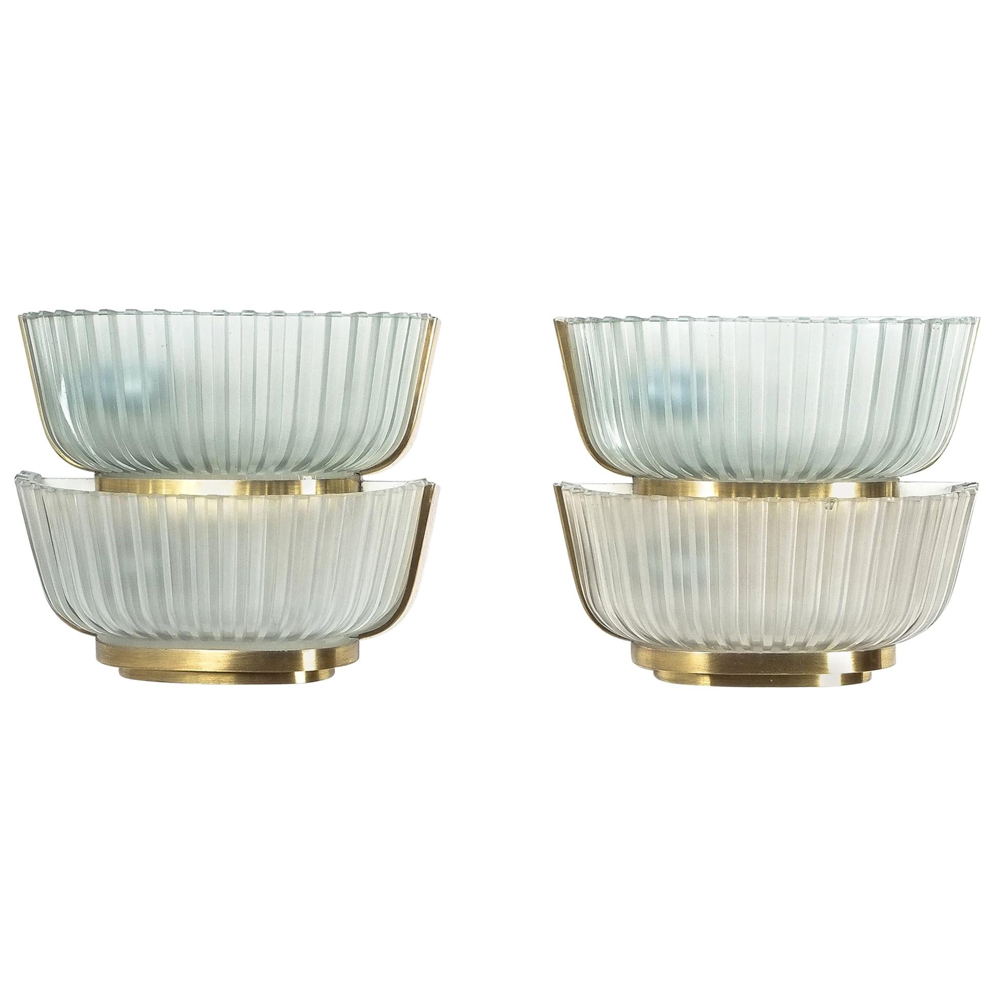 Pair of Late Art Deco Glass and Brass Sconces Refurbished, Italy, circa 1940