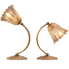 Pair of Late Art Deco Italian Table Lamps in Brass and Glass