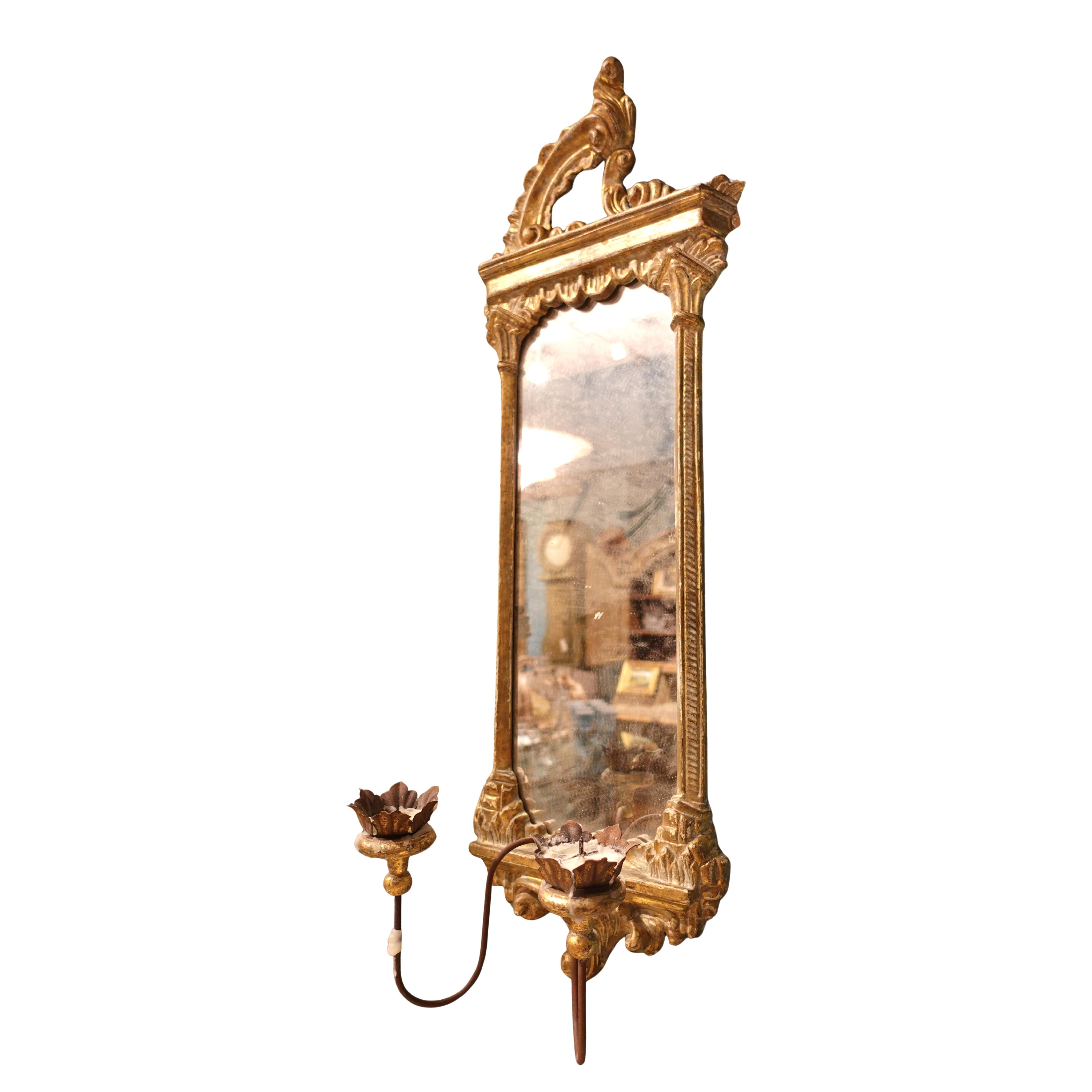 French Pair of late Baroque Rococo Giltwood Mirrored Two-Candle Wall Sconces
