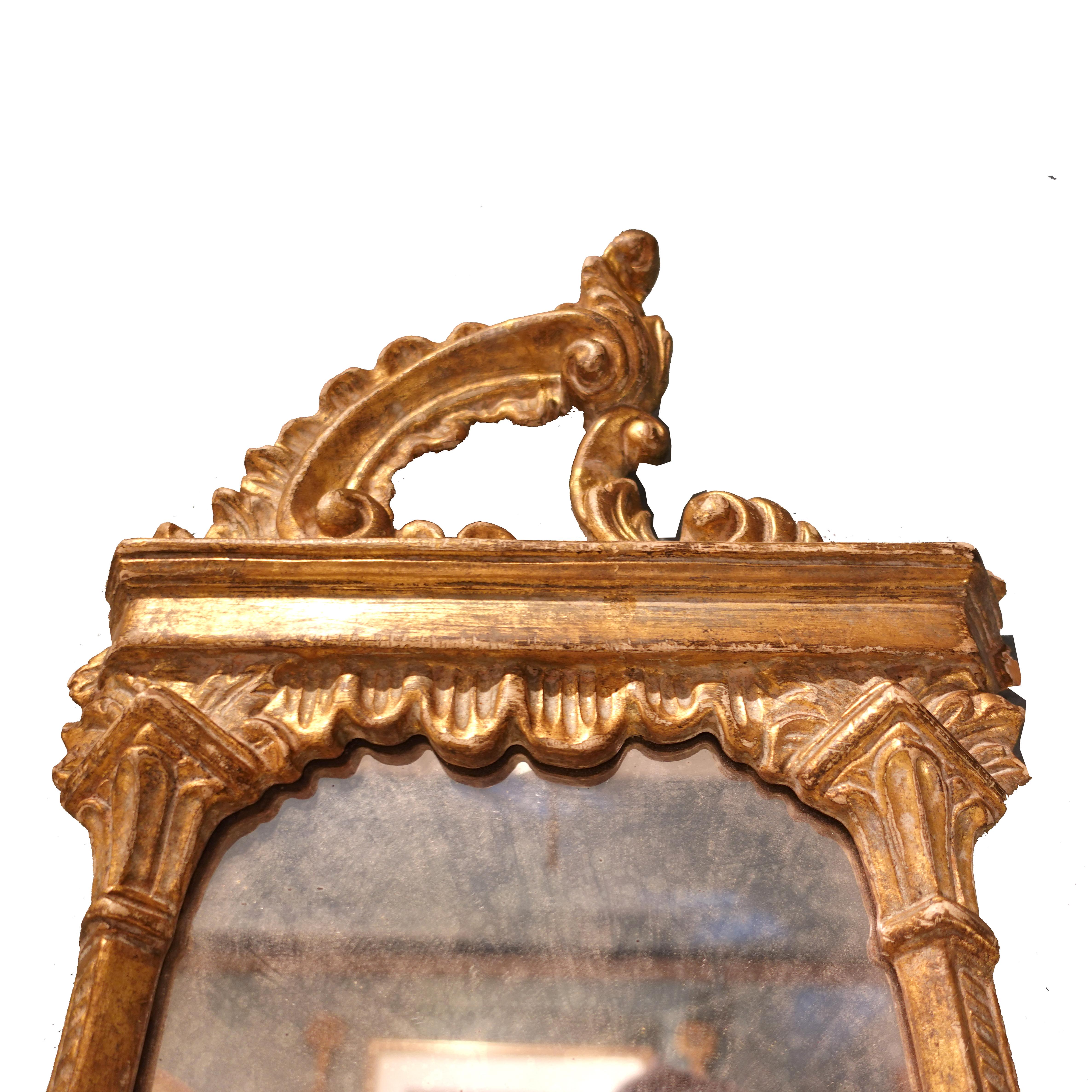 Hand-Carved Pair of late Baroque Rococo Giltwood Mirrored Two-Candle Wall Sconces
