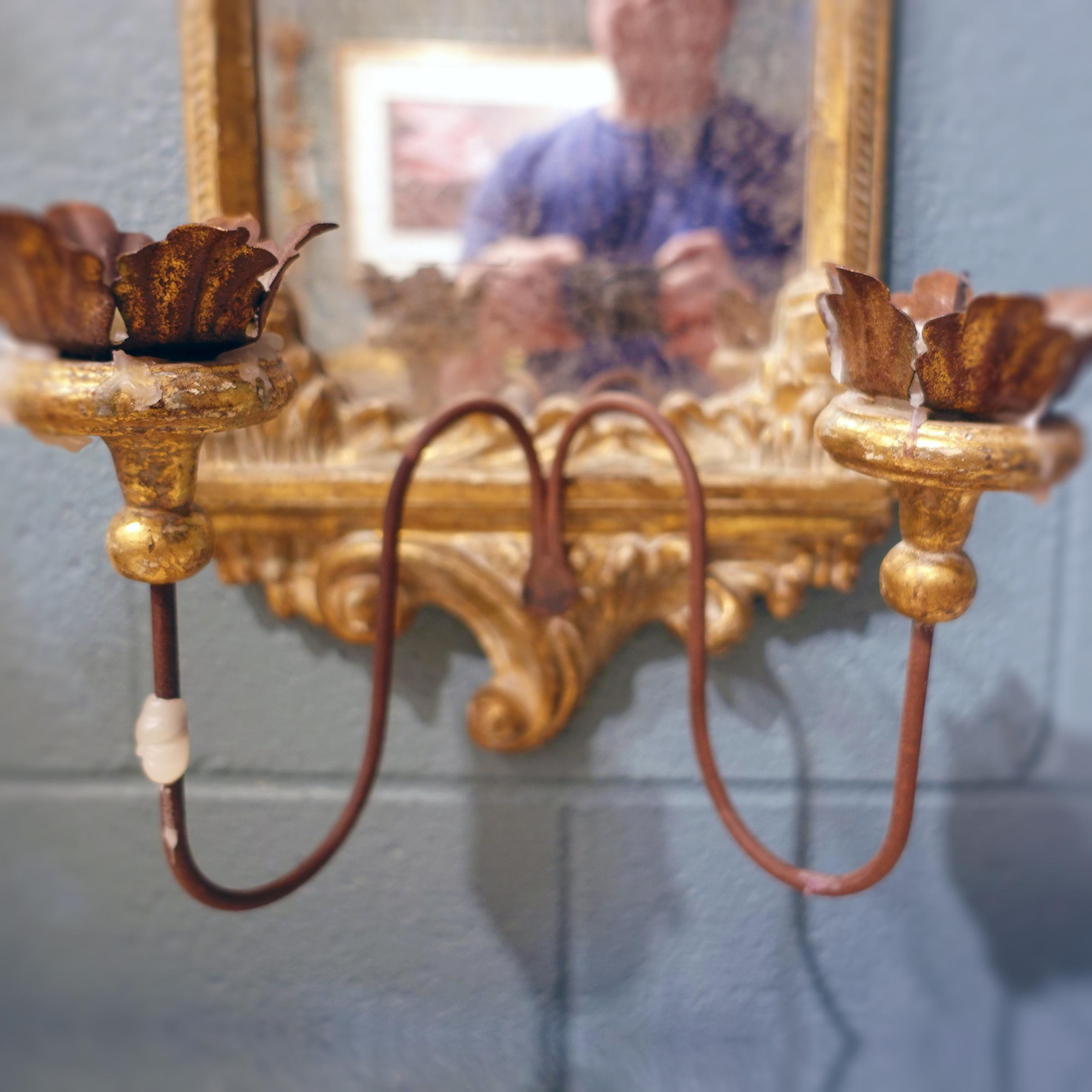 18th Century Pair of late Baroque Rococo Giltwood Mirrored Two-Candle Wall Sconces