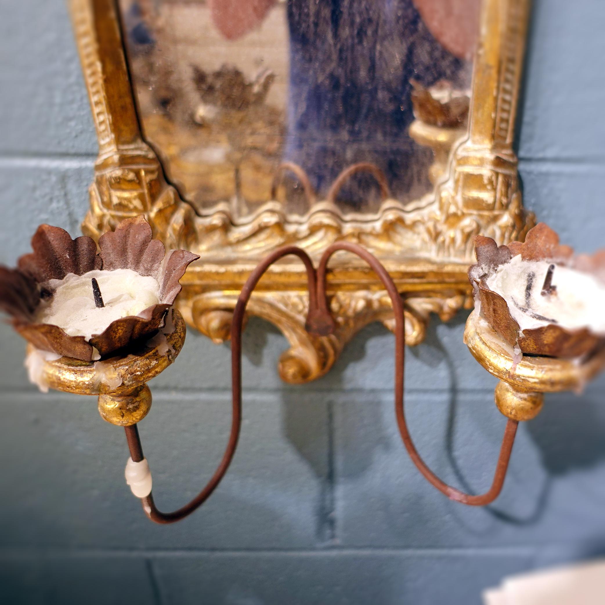 Glass Pair of late Baroque Rococo Giltwood Mirrored Two-Candle Wall Sconces