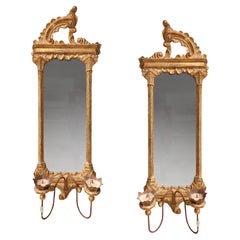 Antique Pair of late Baroque Rococo Giltwood Mirrored Two-Candle Wall Sconces