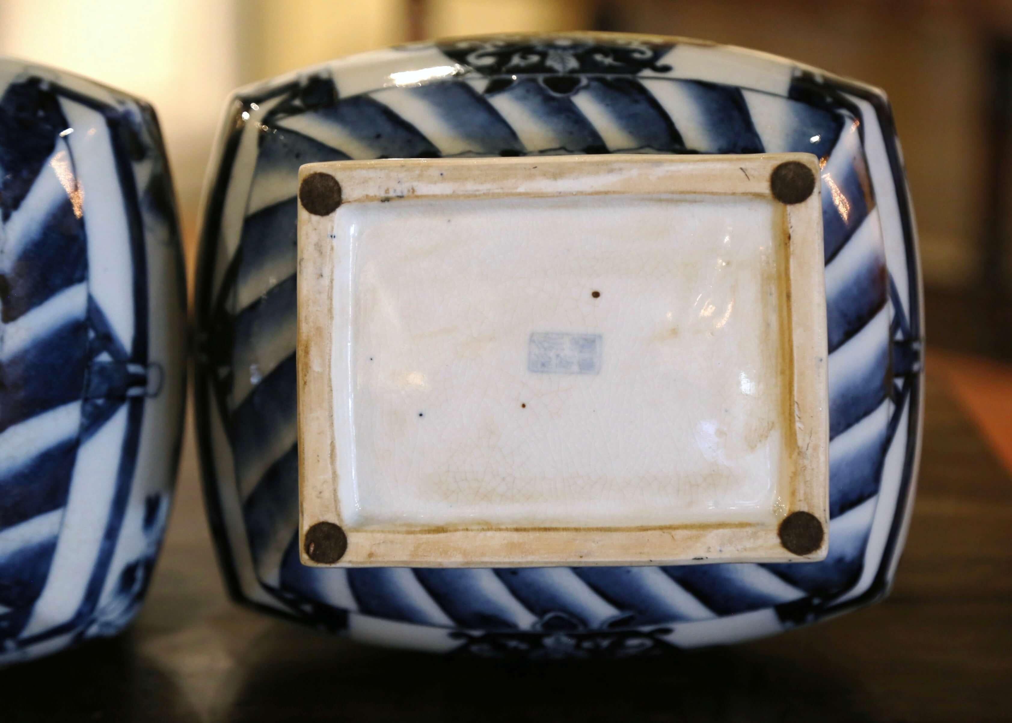 Pair of Late Century Chinese Hand Painted Blue & White Porcelain Vases on Stands 5
