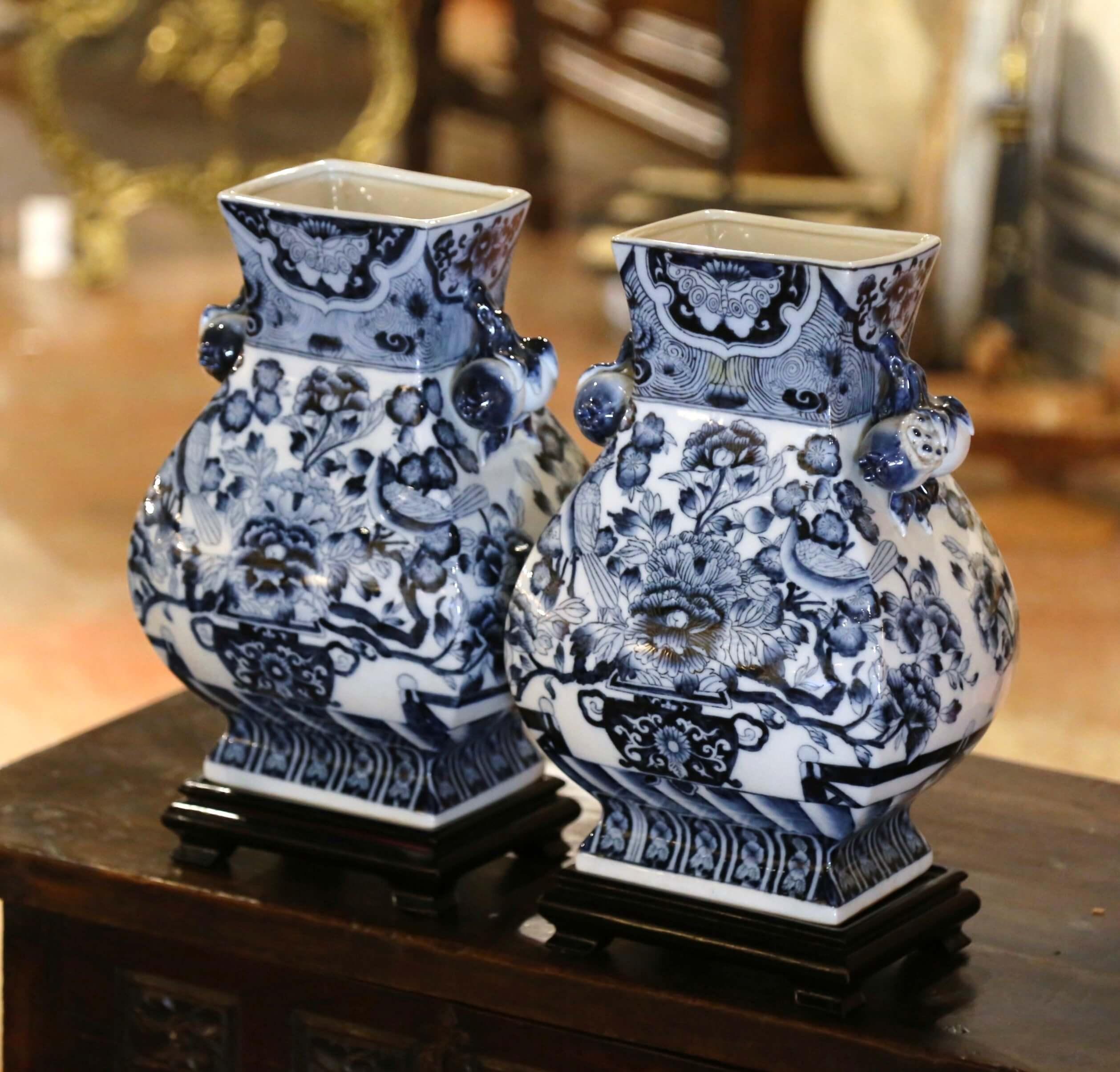 20th Century Pair of Late Century Chinese Hand Painted Blue & White Porcelain Vases on Stands