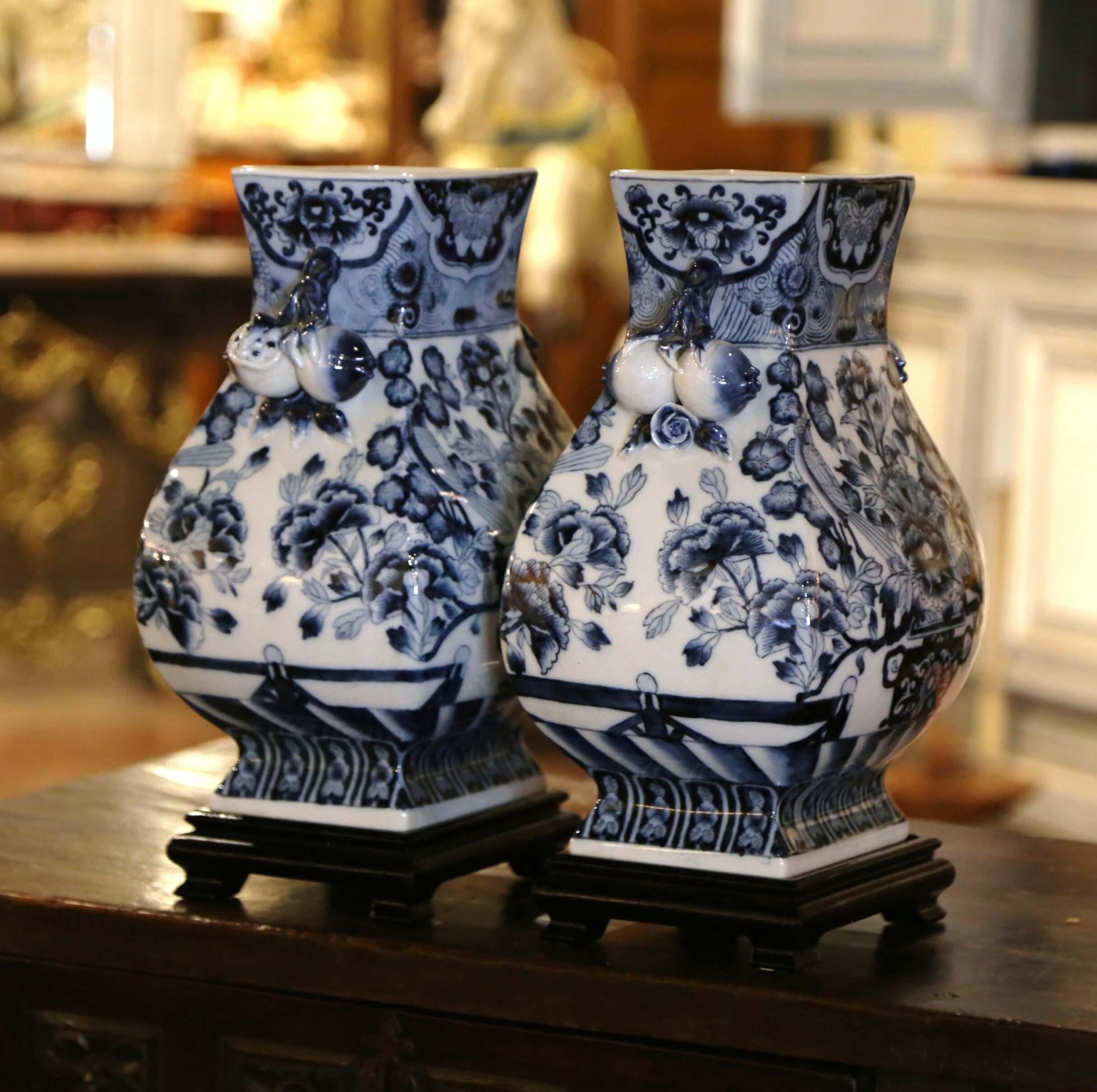 Pair of Late Century Chinese Hand Painted Blue & White Porcelain Vases on Stands 1