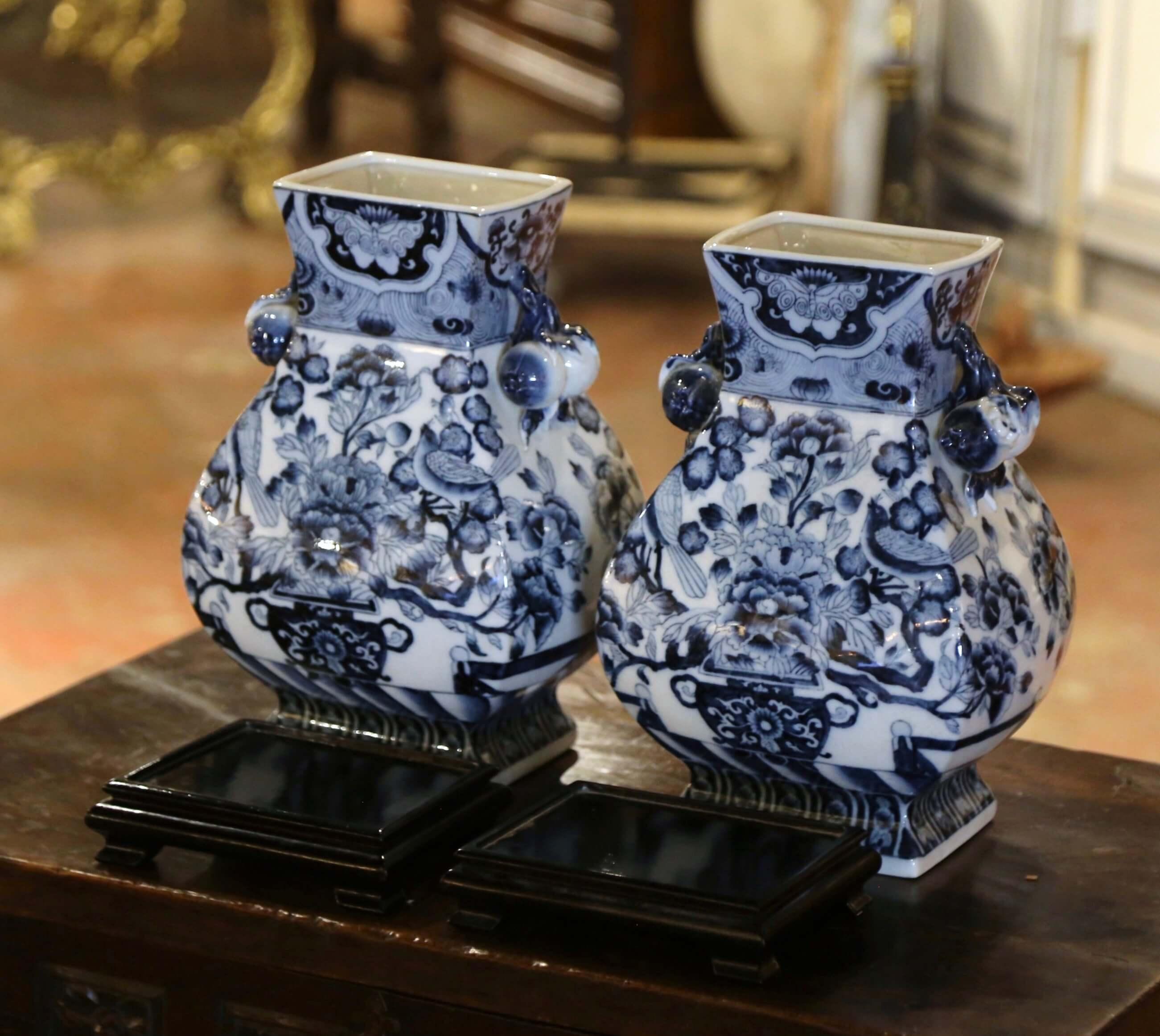 Pair of Late Century Chinese Hand Painted Blue & White Porcelain Vases on Stands 2
