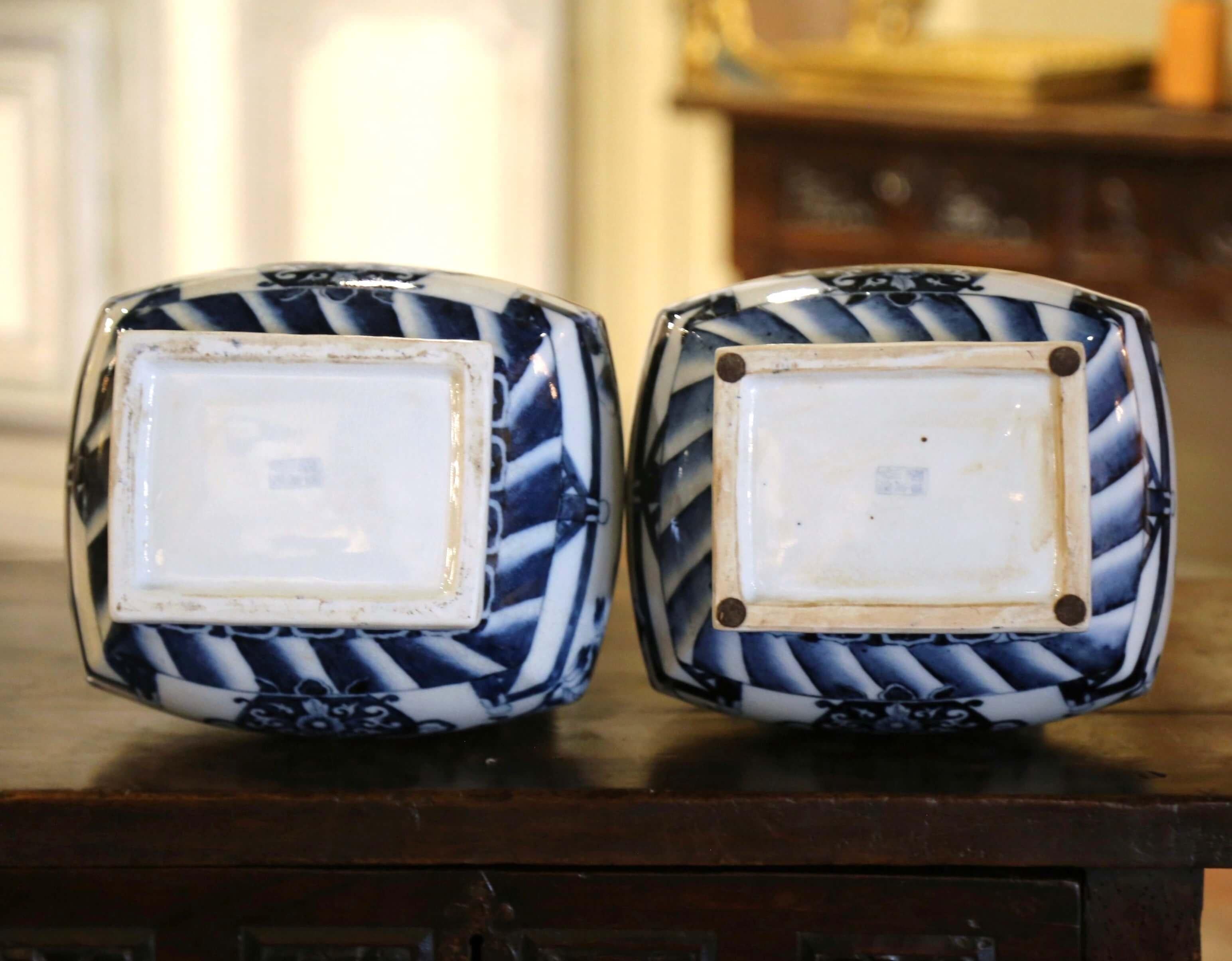 Pair of Late Century Chinese Hand Painted Blue & White Porcelain Vases on Stands 4