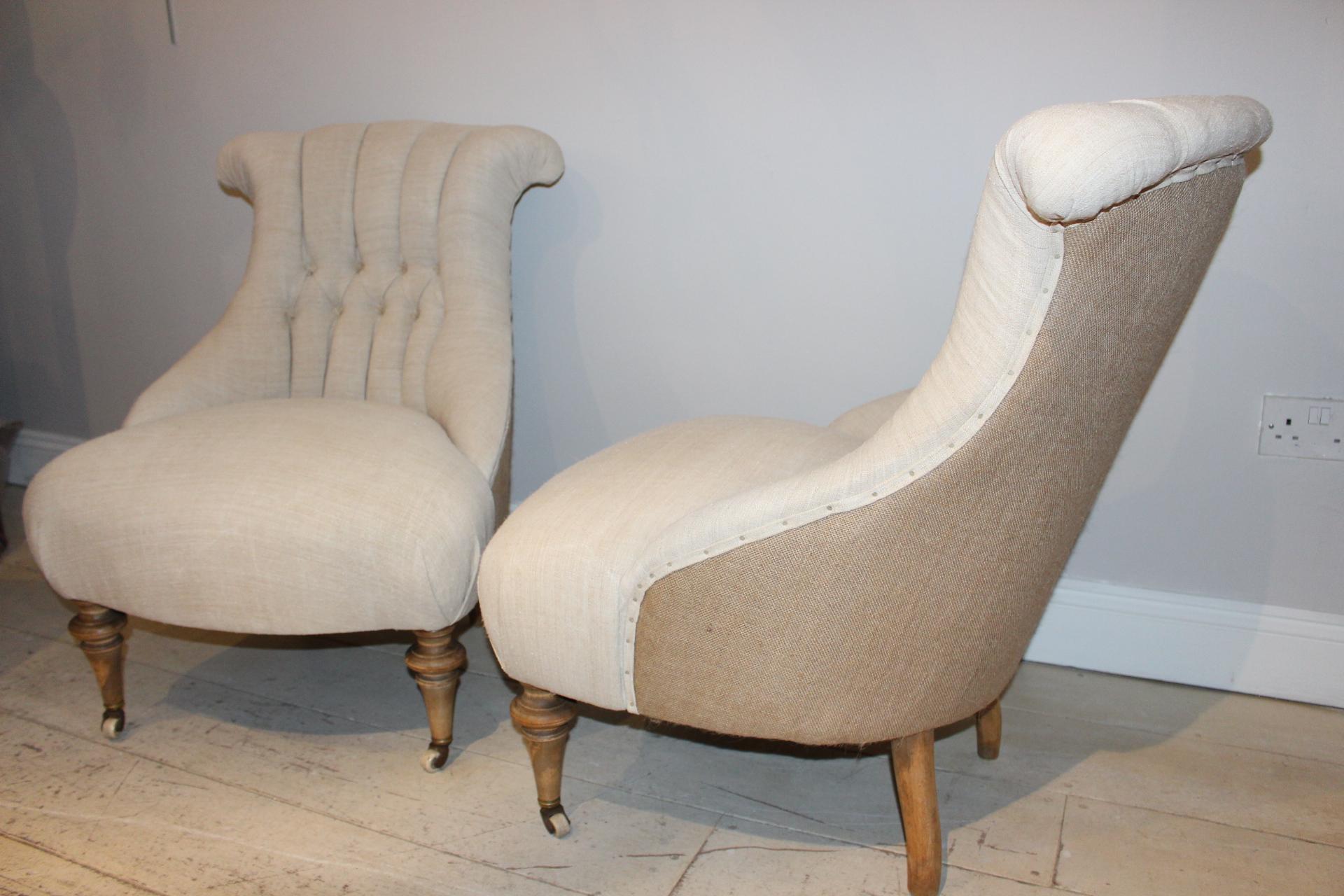 Victorian Pair of Late circa 19th Century Upholstered Swedish Button Back Salon Chairs