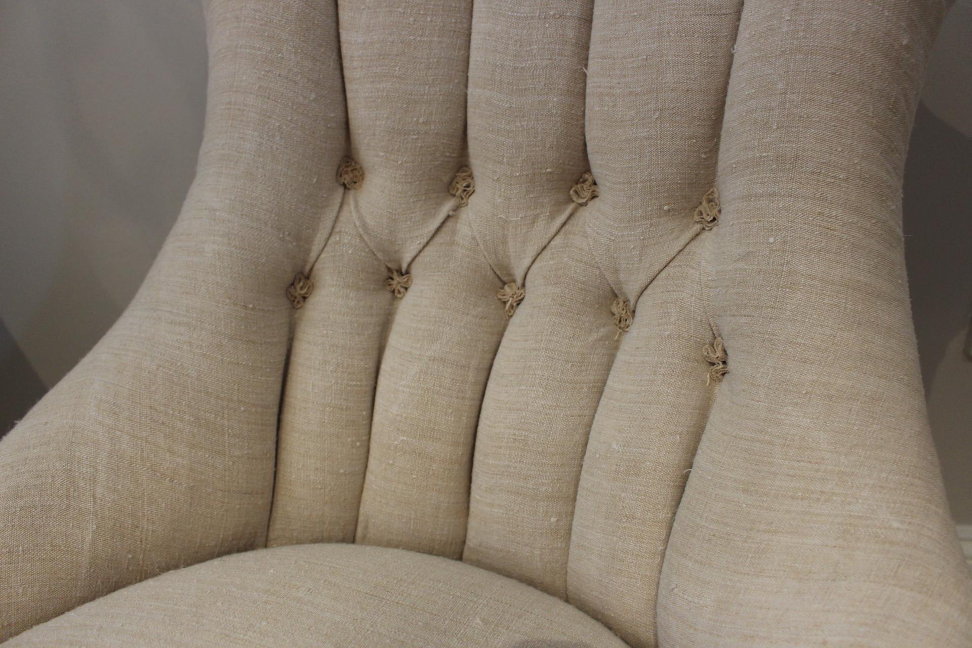 Linen Pair of Late circa 19th Century Upholstered Swedish Button Back Salon Chairs