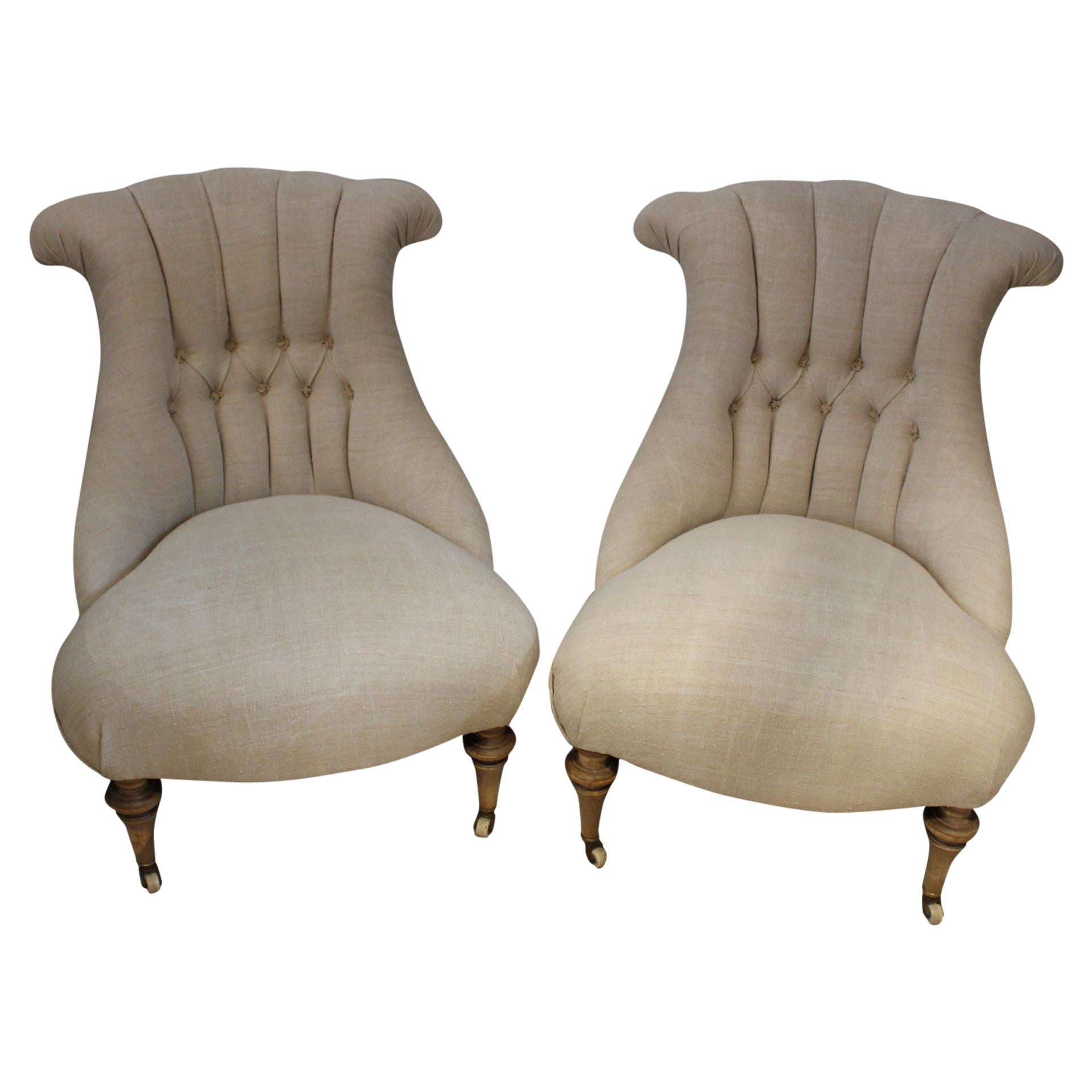 Pair of Late circa 19th Century Upholstered Swedish Button Back Salon Chairs