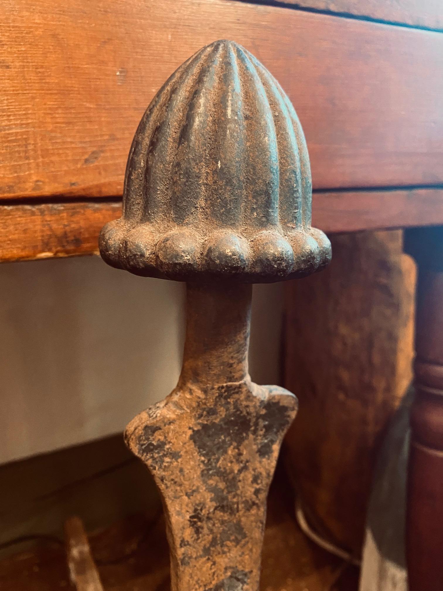 American Pair of Late Colonial or Early Federal Iron Acorn Finial Andirons, circa 1800