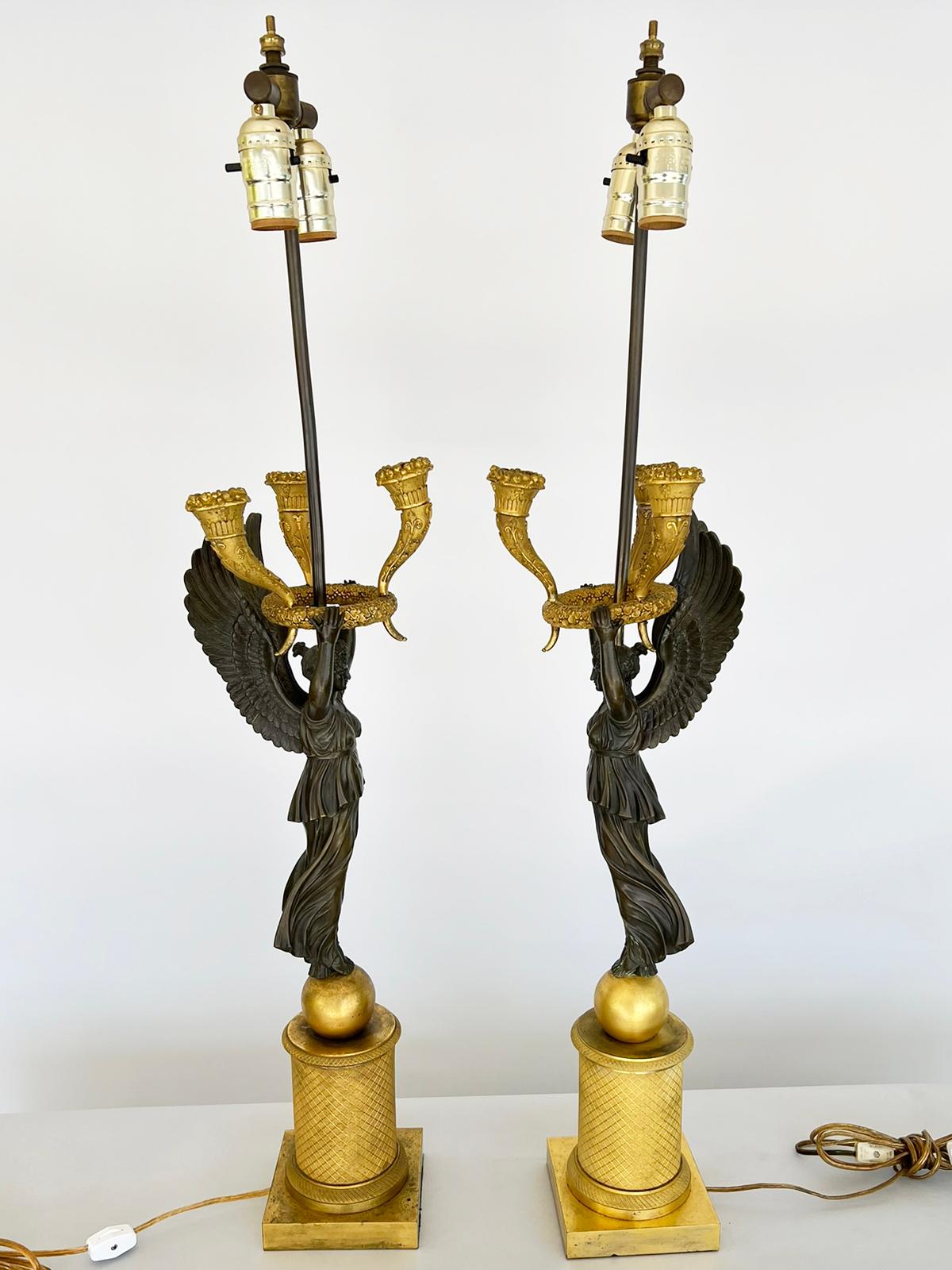 French Pair of Late Empire Ormolu and Patented Bronze Figural Candelabra Lamps, C. 1815 For Sale