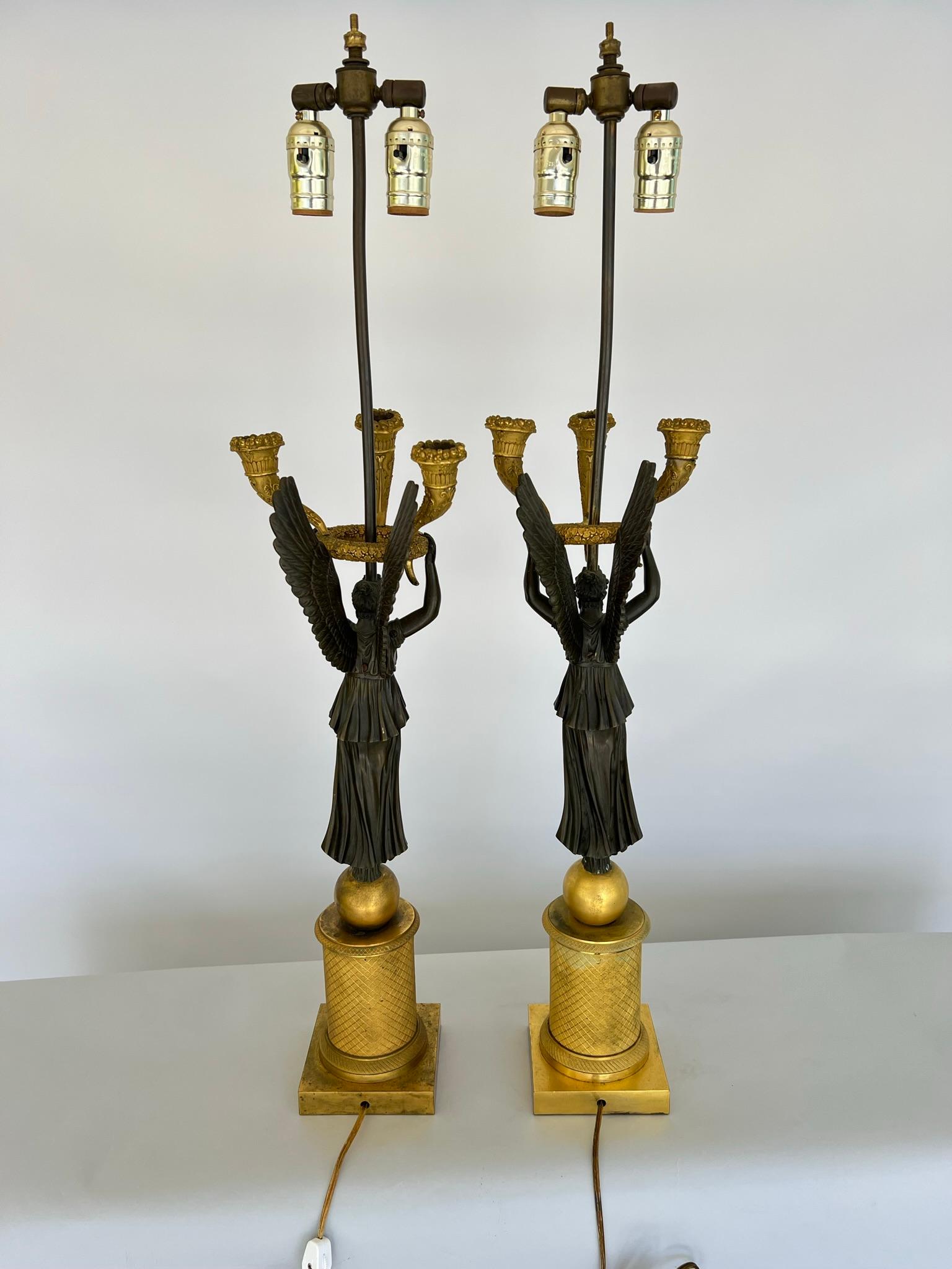 Patinated Pair of Late Empire Ormolu and Patented Bronze Figural Candelabra Lamps, C. 1815 For Sale