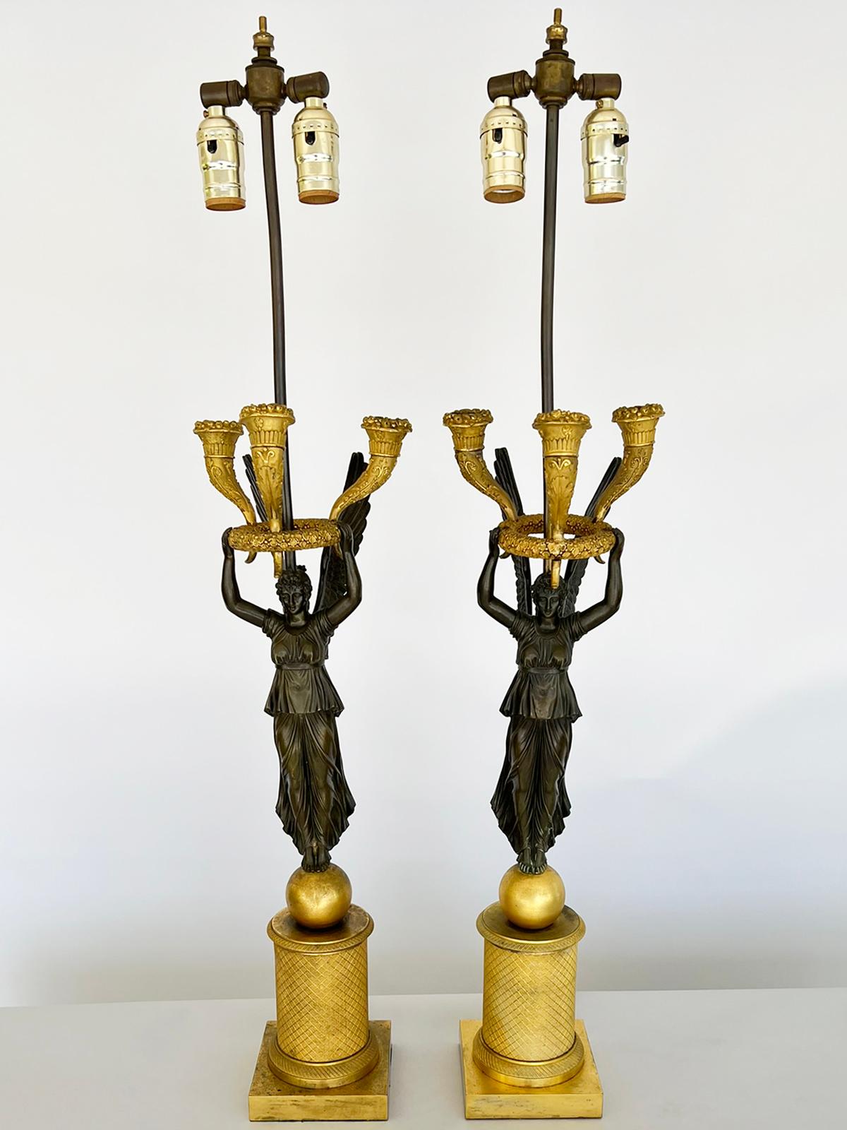 Pair of Late Empire Ormolu and Patented Bronze Figural Candelabra Lamps, C. 1815 In Good Condition For Sale In West Palm Beach, FL