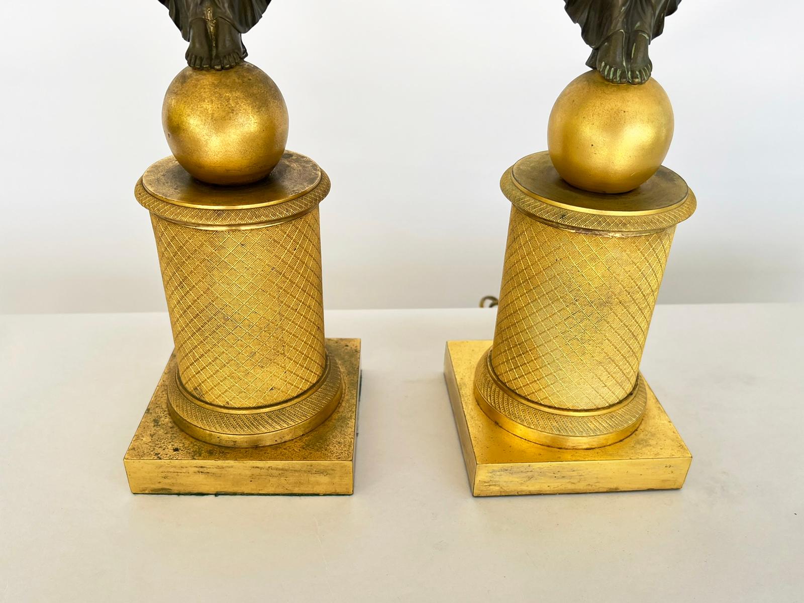Early 19th Century Pair of Late Empire Ormolu and Patented Bronze Figural Candelabra Lamps, C. 1815 For Sale