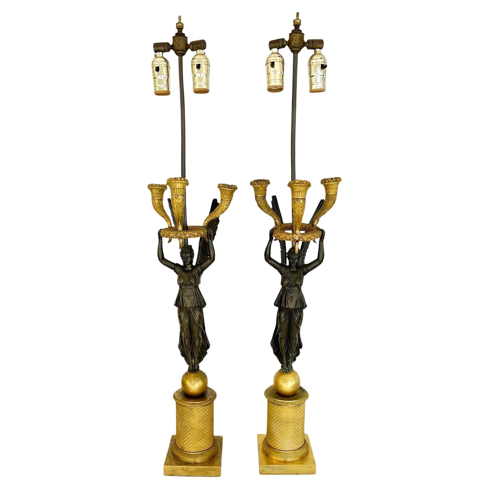 Pair of Late Empire Ormolu and Patented Bronze Figural Candelabra Lamps, C. 1815 For Sale